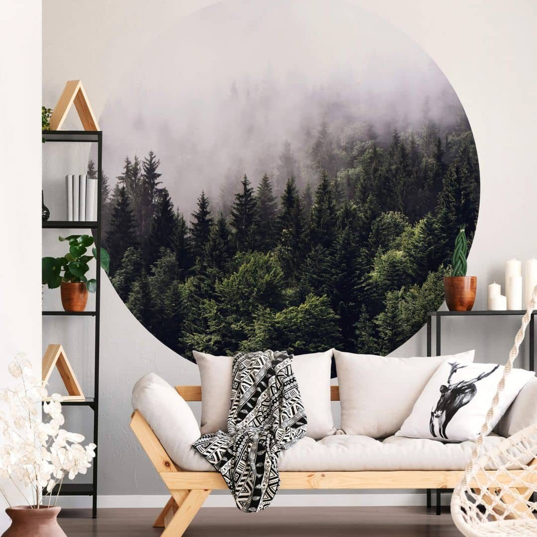 K&L Wall Art Fototapete Fototapete Nebel im Wald Tannenwald Vliestapete Rund Tapete, Nebelwald Tapete