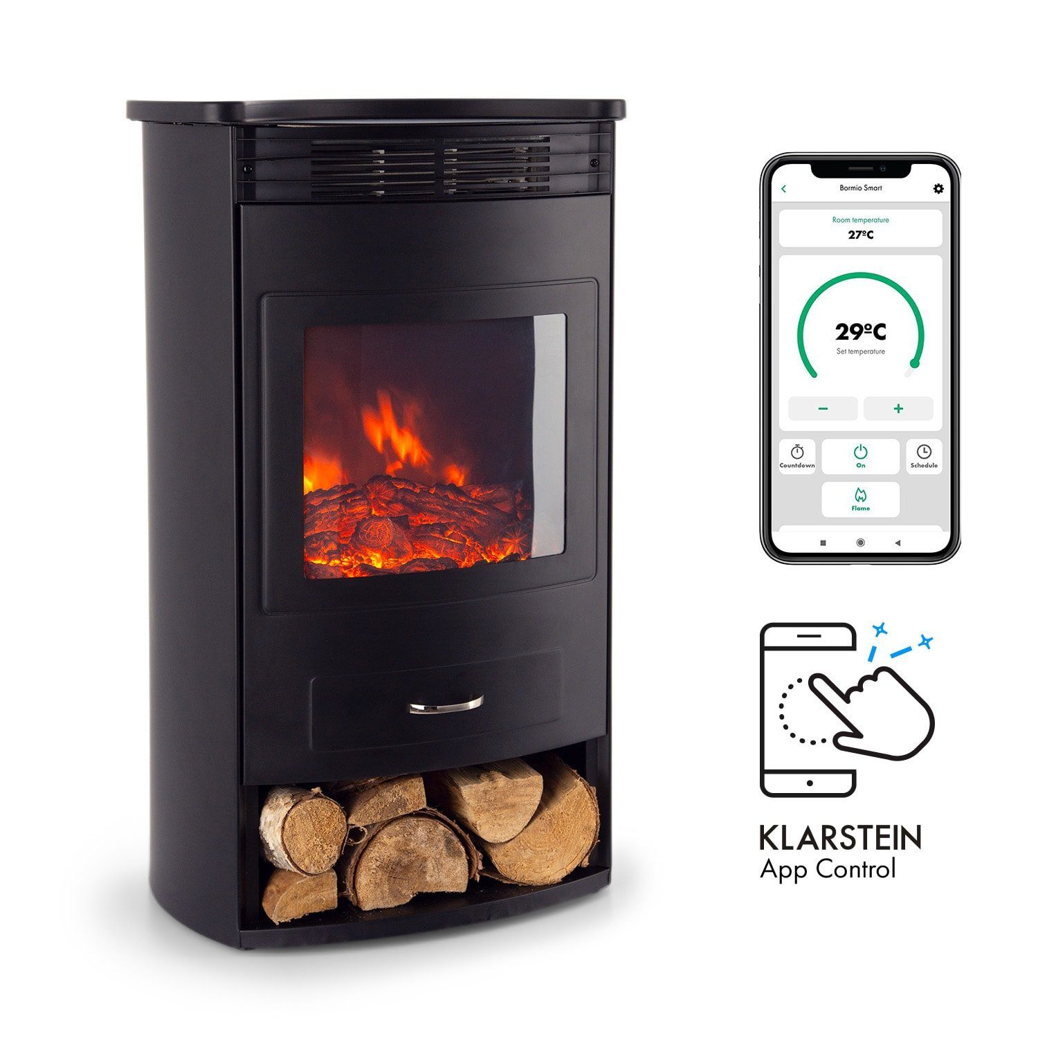 Klarstein Elektrokamin Bormio Smart, elektrischer Kamin Heizfunktion elektrischer Kaminofen Elektrokamin