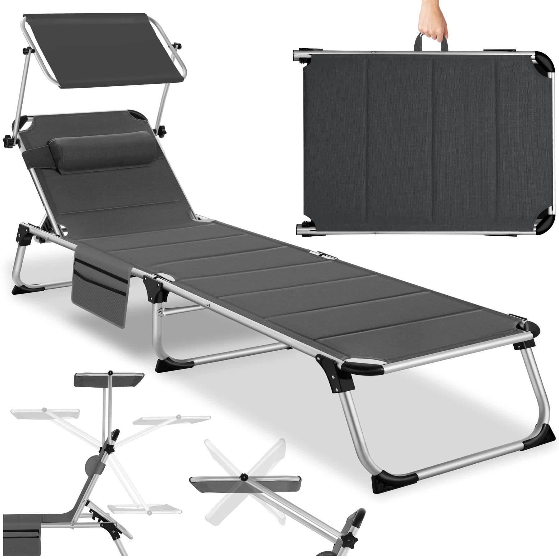 tectake Gartenliege klappbare Aluminium Sonnenliege, 220 x 60,5 x 34 cm, mit, Balkonliege Lorella, 1 St., für Außen in Grau, gepolstert, wetterfest und UV-beständig, verstellbar mit Kopfpolster