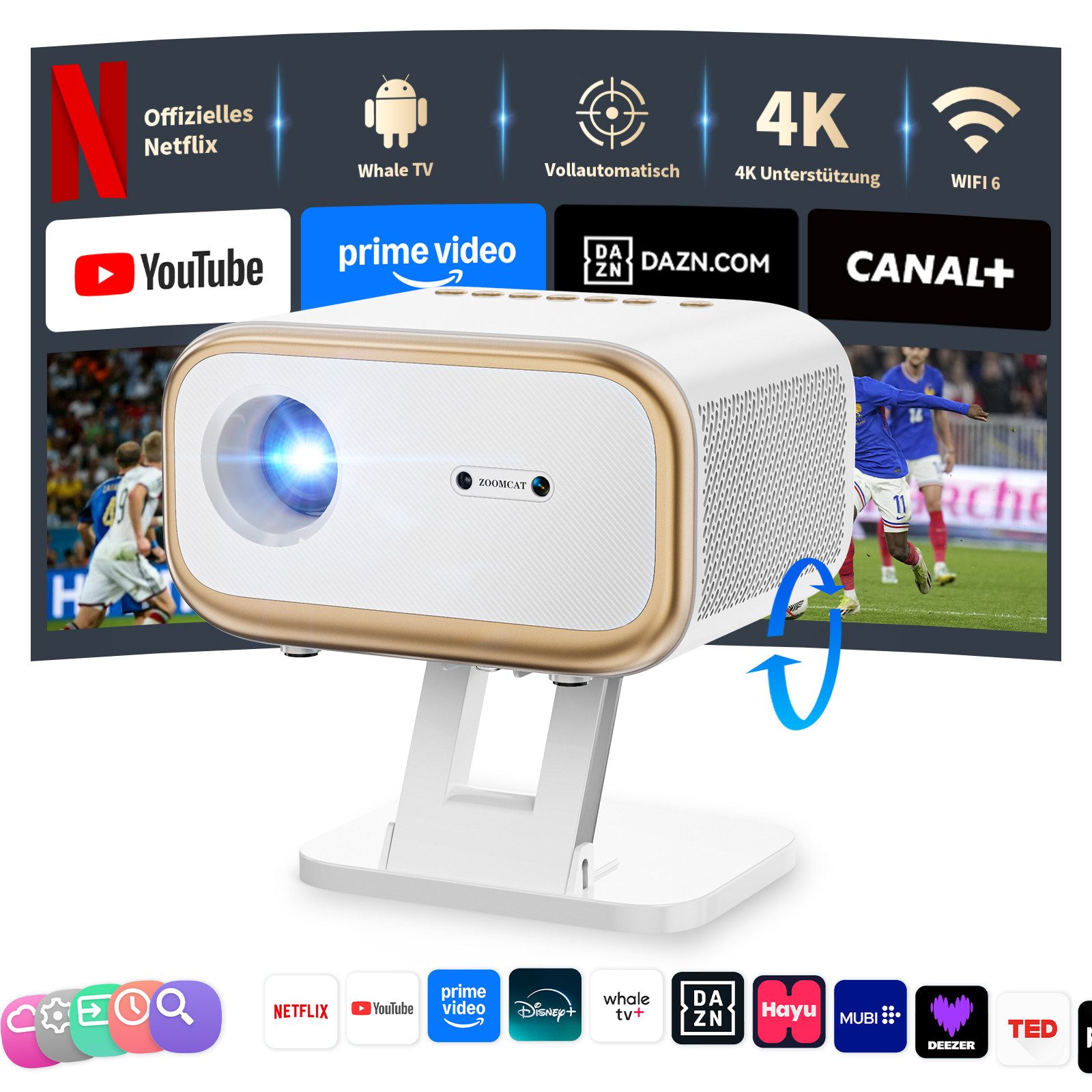 ZOOMCAT Beamer 4K Heimkino Mit Netflix Zertifizierung (Autofokus)Mit Ständer Beamer (25000 lm, 25000 : 1, 3840x2160 px, Auto Fokus, Auto Trapezkorrektur, Auto Hindernisvermeidung)