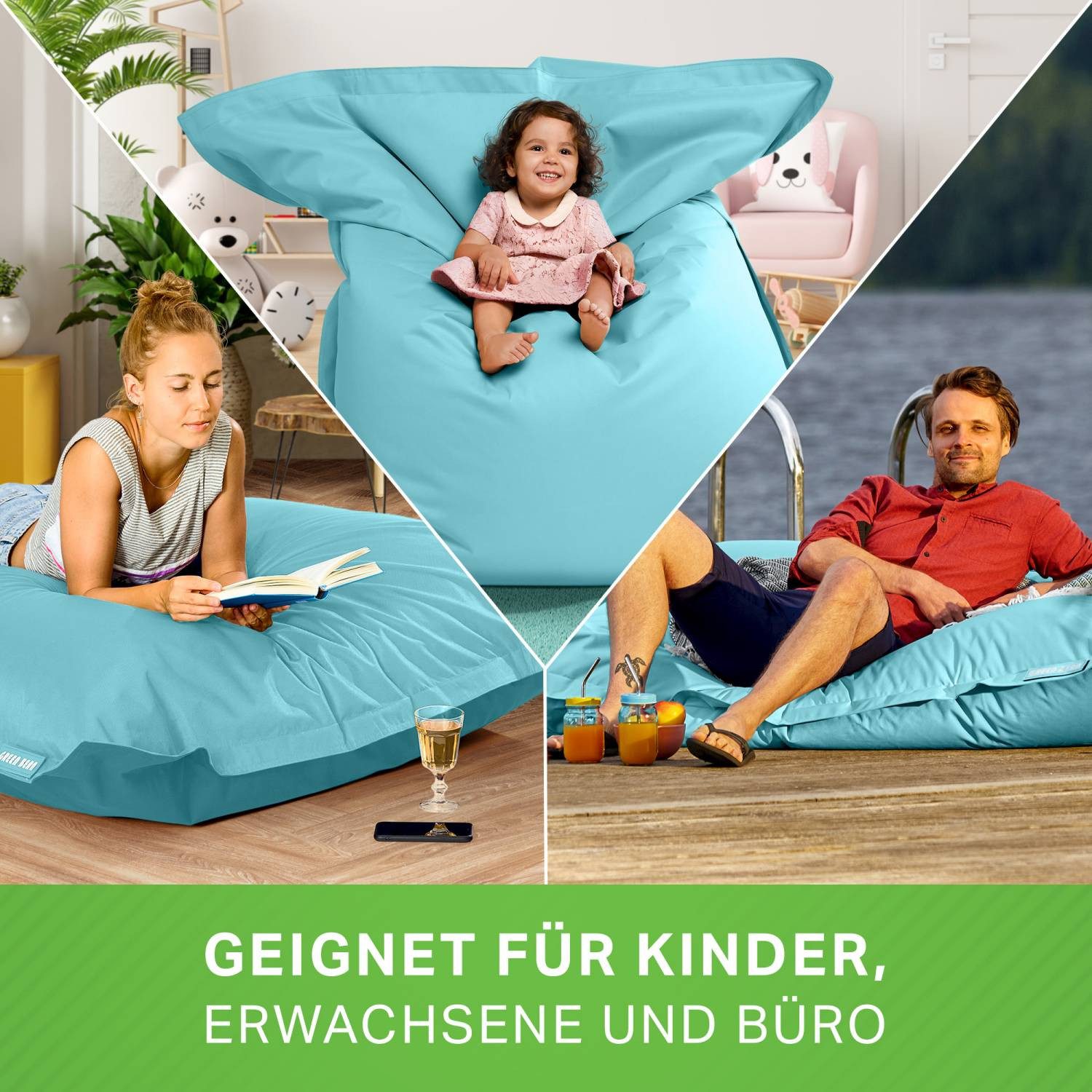 Green Bean Sitzsack XXL Outdoor Sitzsack Square 140x180cm (XXL Riesensitzsack 140x180cm 380 Liter Kinder & Erwachsene Bean Bag EPS Perlen Füllung, Groß Draußen  – Bild 3 von 5