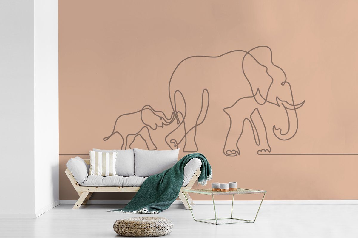 MuchoWow Elefant Fototapete Wallpaper Kinderzimmer, Braun, (6 bedruckt, Tapete - Matt, Minimalismus Wohnzimmer, - St), Schlafzimmer, für Vinyl