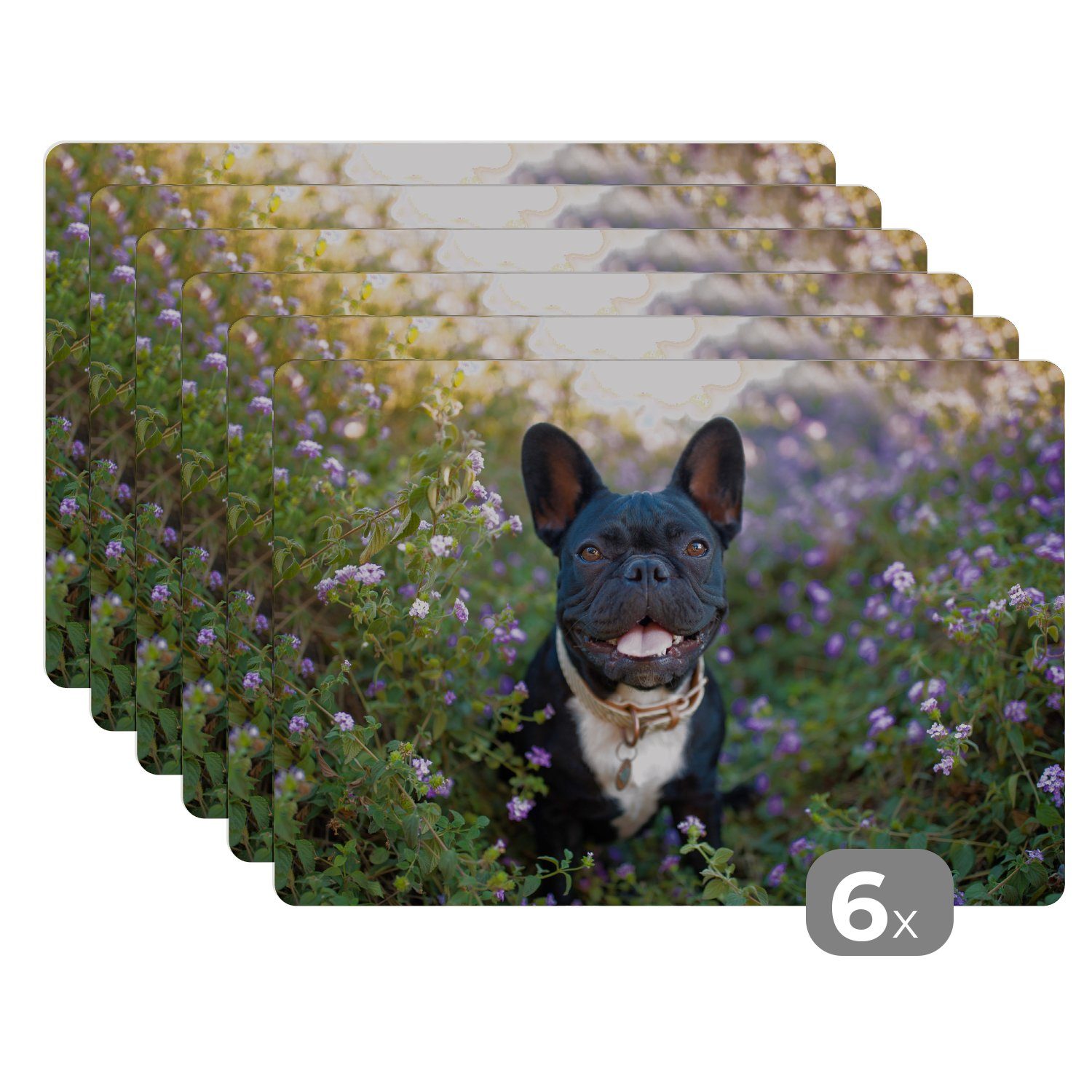 Platzset, Französische Bulldogge - Blumen - Lila, MuchoWow, (6-St), Platzset, Platzdecken, Platzmatte, Tischmatten, Schmutzabweisend