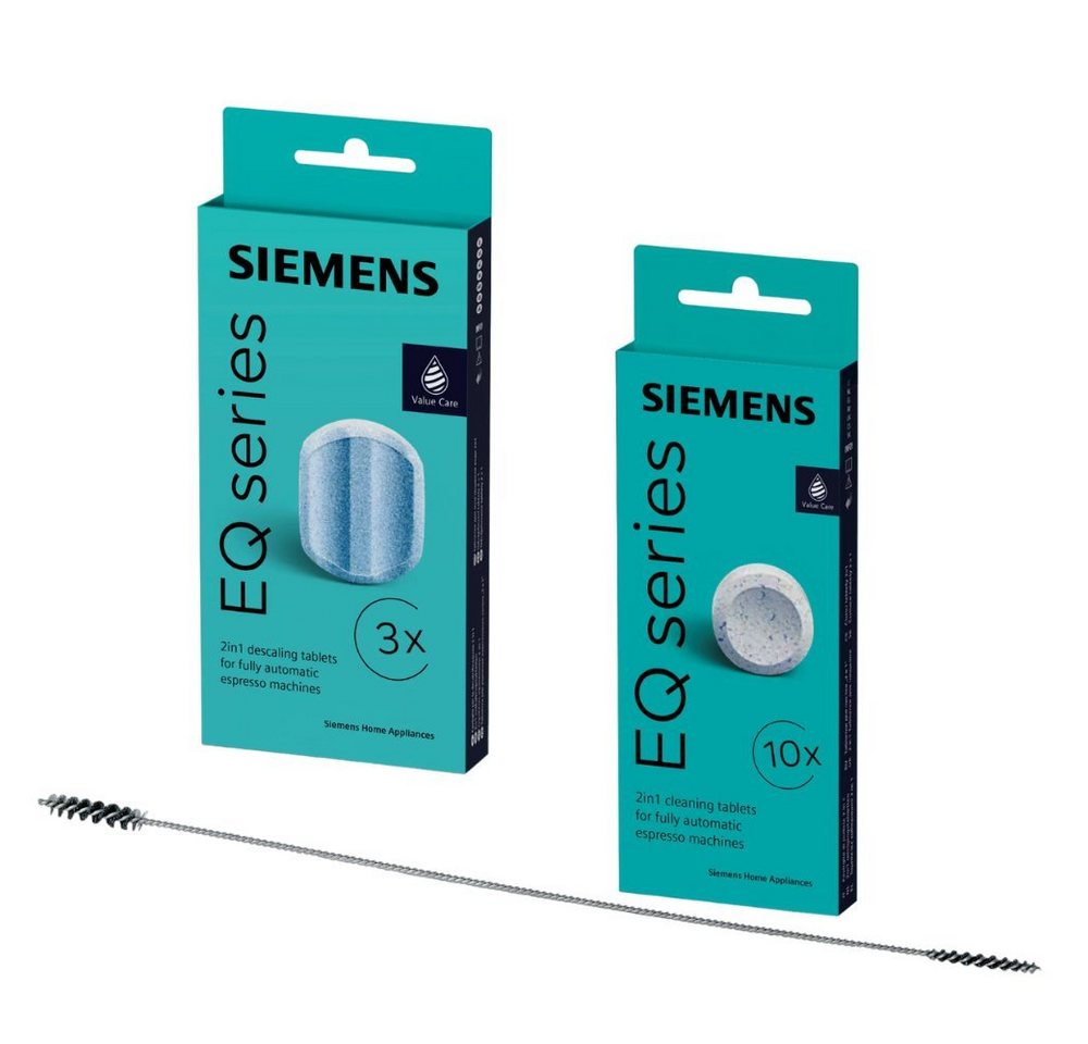 SIEMENS 10 Reinigungstabletten + 3 Entkalkertabs + Spezial-Reinigungsbürste Pflegeset (Set, [- TZ80001A + TZ80002A + Spezial‑Reinigungsbürste im Premium‑Spar‑Set Premium‑Pflegeset für Reinigung, Entkalkung & Luxus‑Tiefenreinigung)