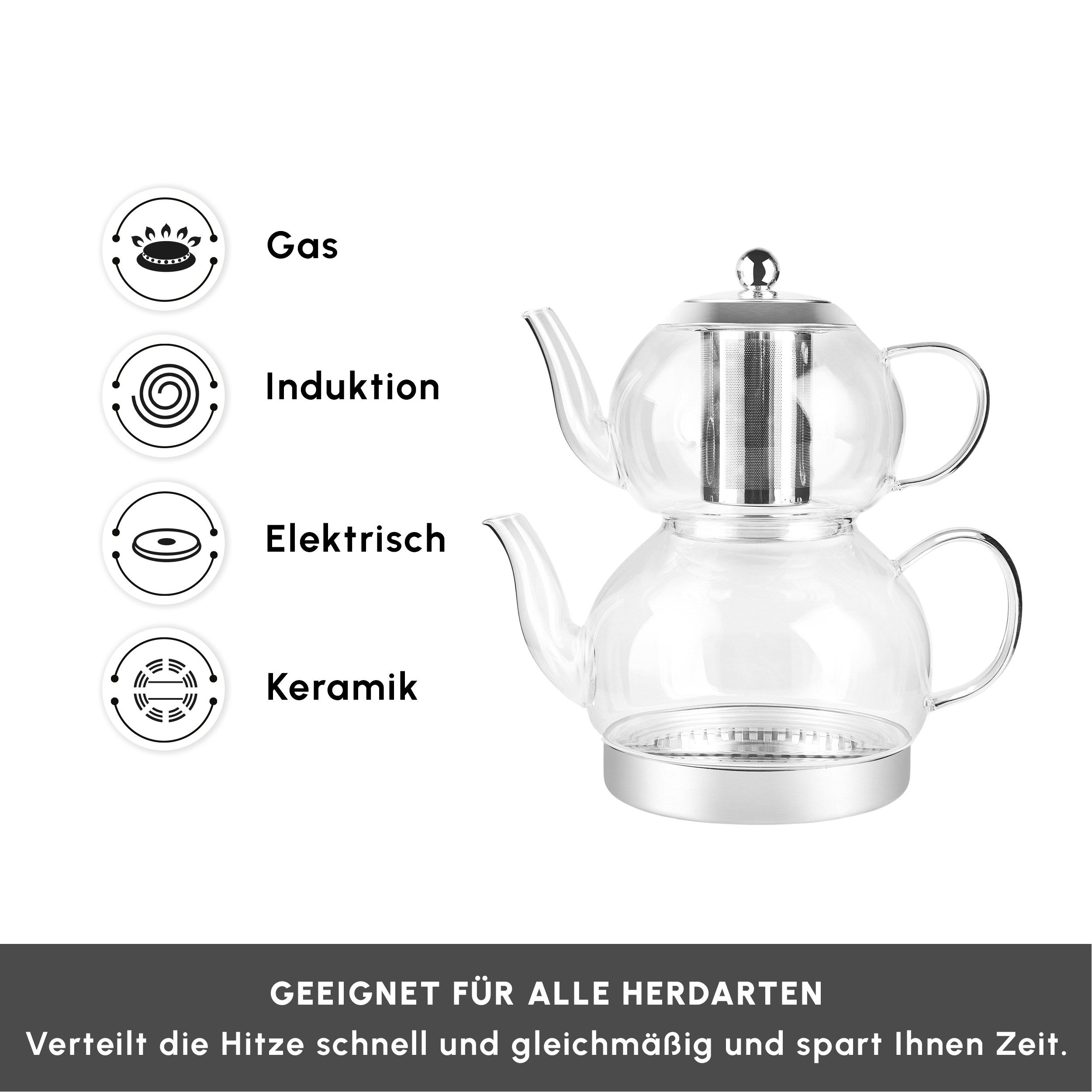 Karaca Teekanne Karaca Pandora Induktions-Glas-Teekannen-Set, 3L, Hitzebeständig