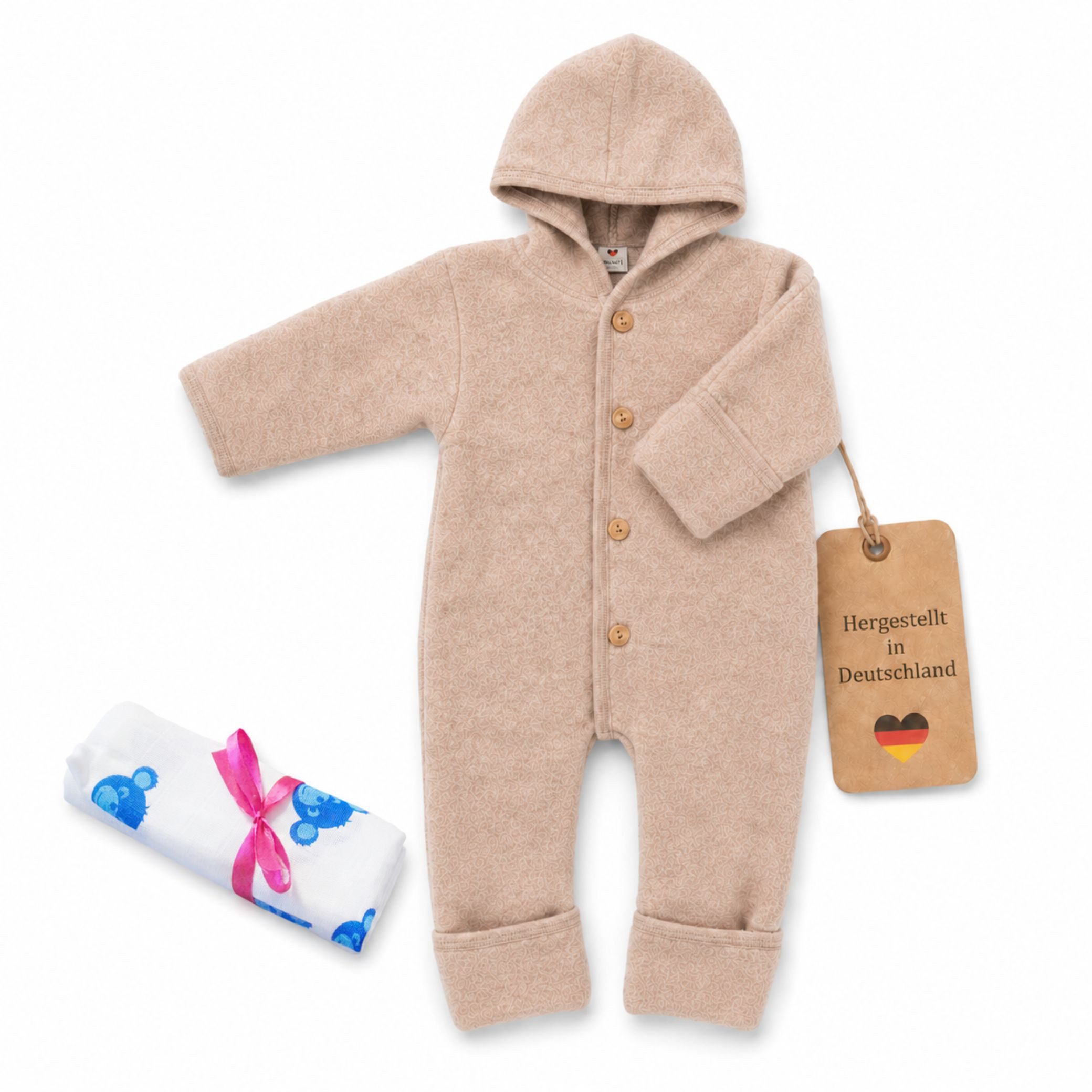 Schlafoverall Baby-Overall mit Kapuze, Holzknöpfen & Mulltuch Blaubaer