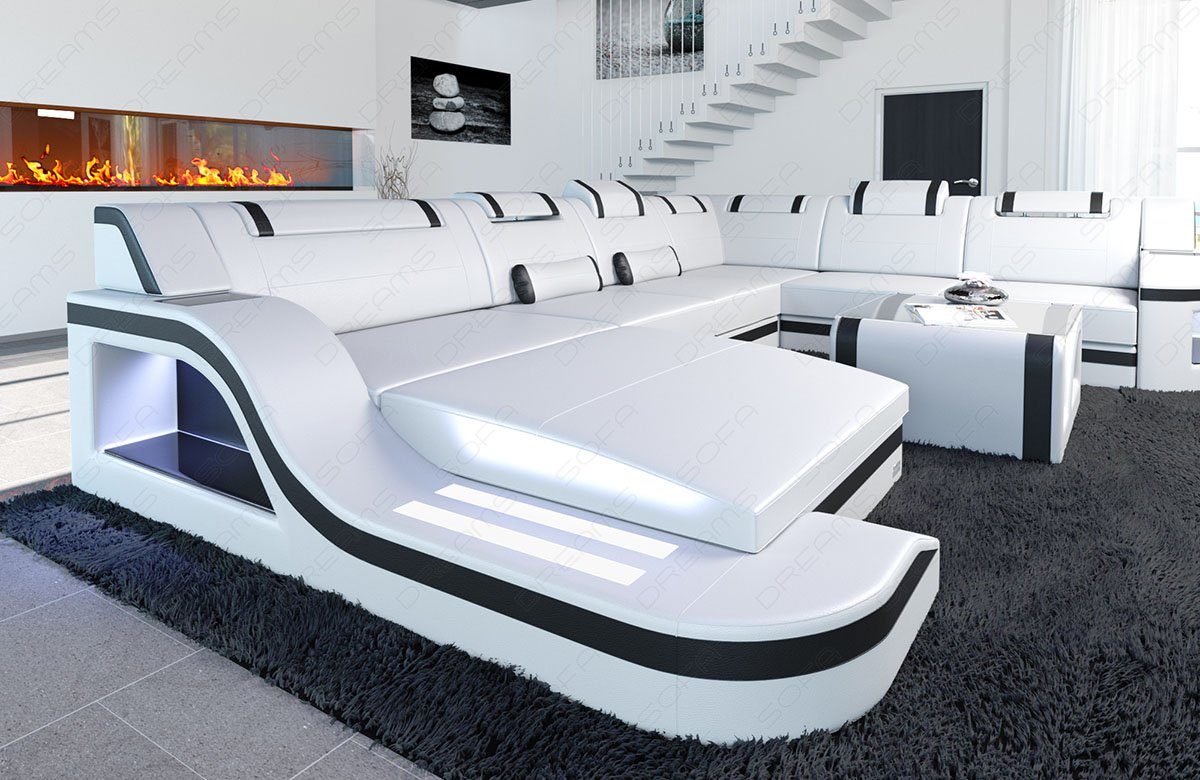 Sofa Dreams Wohnlandschaft XXL Ledersofa Palermo U Form Mini, Designersofa, Couch mit LED Licht und USB Anschluss
