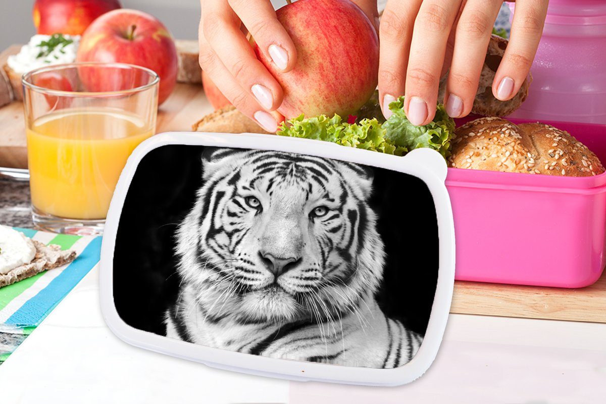 MuchoWow Lunchbox Tiger - Erwachsene, - - Kinder, Mädchen, rosa Schwarz - Porträt Brotbox Kunststoff Kunststoff, für Snackbox, Tiere, Brotdose (2-tlg), Weiß