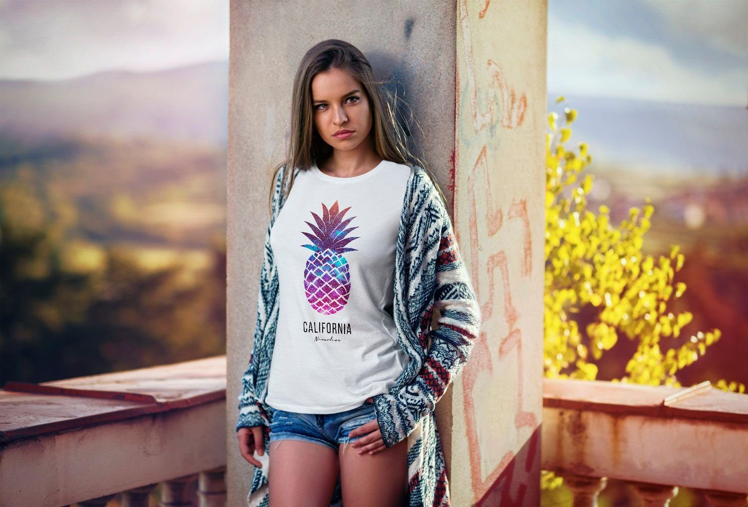 Print-Shirt Damen T-Shirt Ananas Galaxy Galaxie Wasser Ozean Slim Fit Never günstig online kaufen
