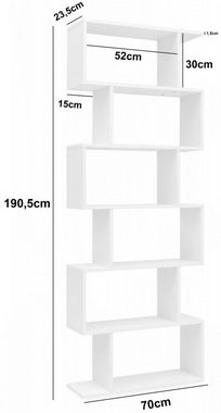 furnicato Bücherregal 70 x 23,5 x 190,5 cm weiß, 6 Fächer, Kleine Design Kommode