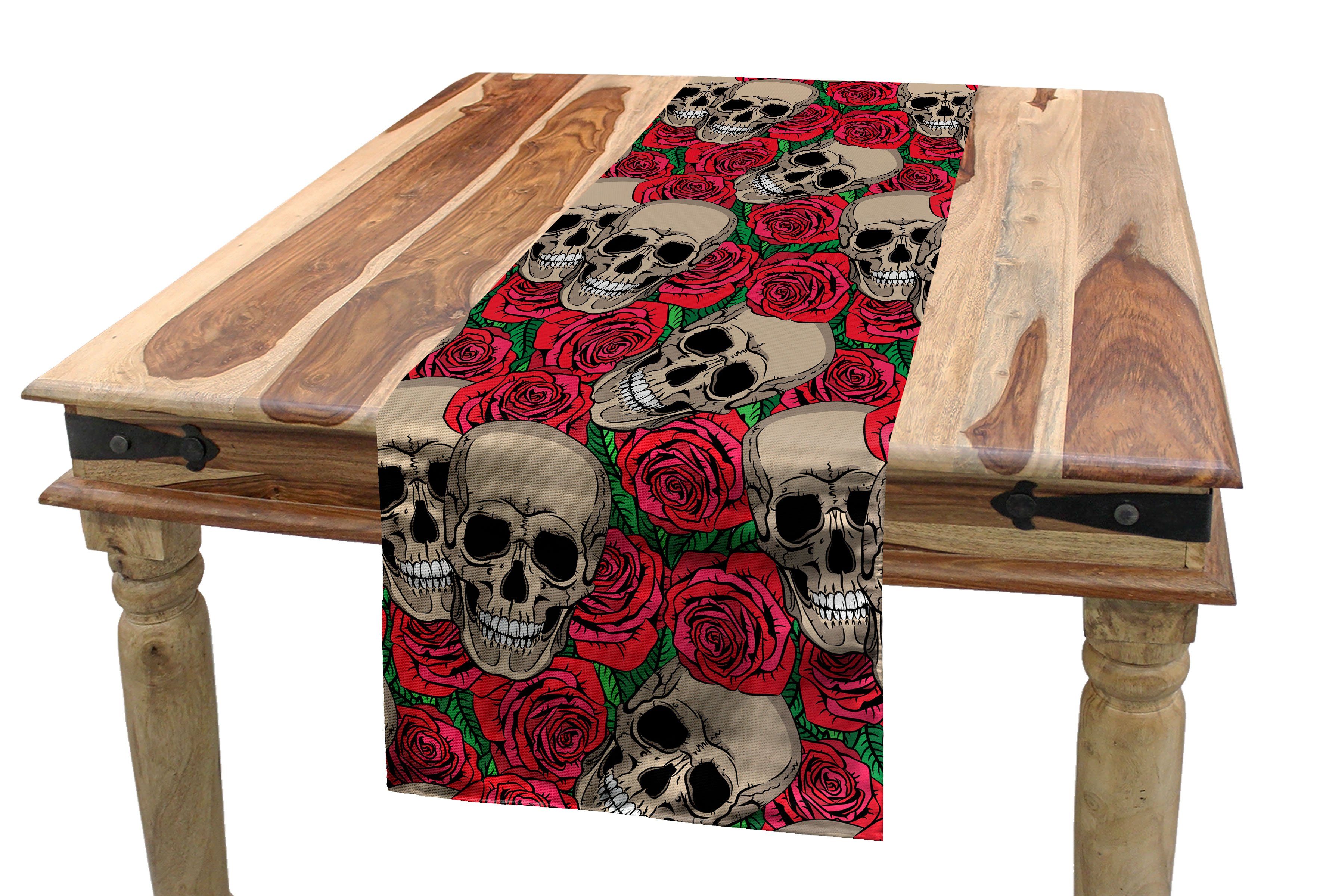 Abakuhaus Tischläufer Esszimmer Küche Rechteckiger Dekorativer Tischläufer, Rose Schädel rote Blüten Retro