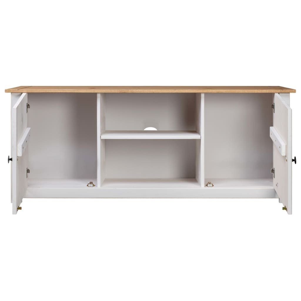 furnicato TV-Schrank 120x40x50 cm Weiß und Naturholz, Massivholz (1-St) Retro-Lowboard mit zwei Türen, offenen Fächern und Ablagefläche
