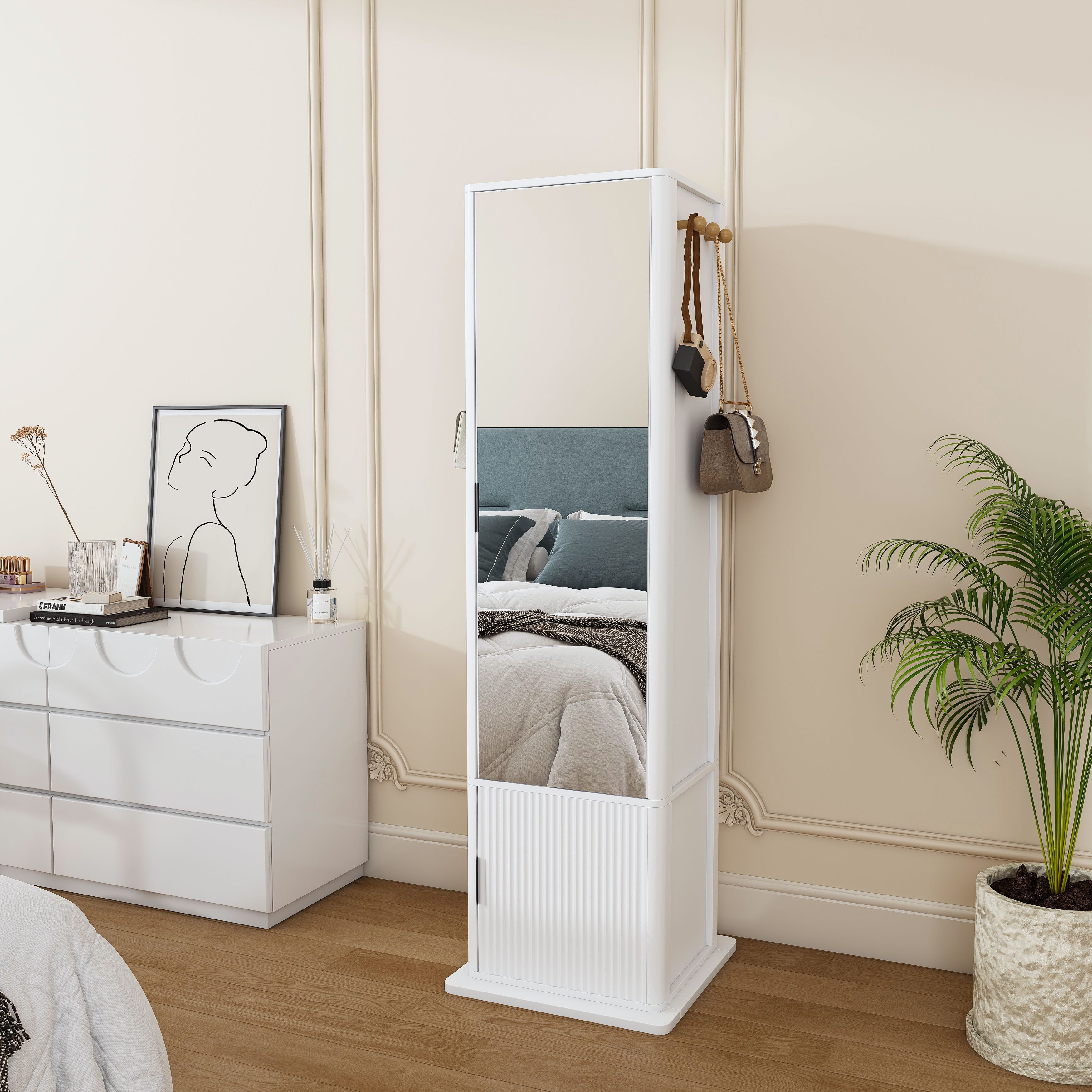 i@home Schmuckschrank in-1 Spiegelschrank mit Ganzkörperspiegel 360° drehbar (offenen Regalen & 6 Haken, 1-St) Schmuckaufbewahrung mit Samt-Organizer für Schlafzimmer 50×50×170 cm