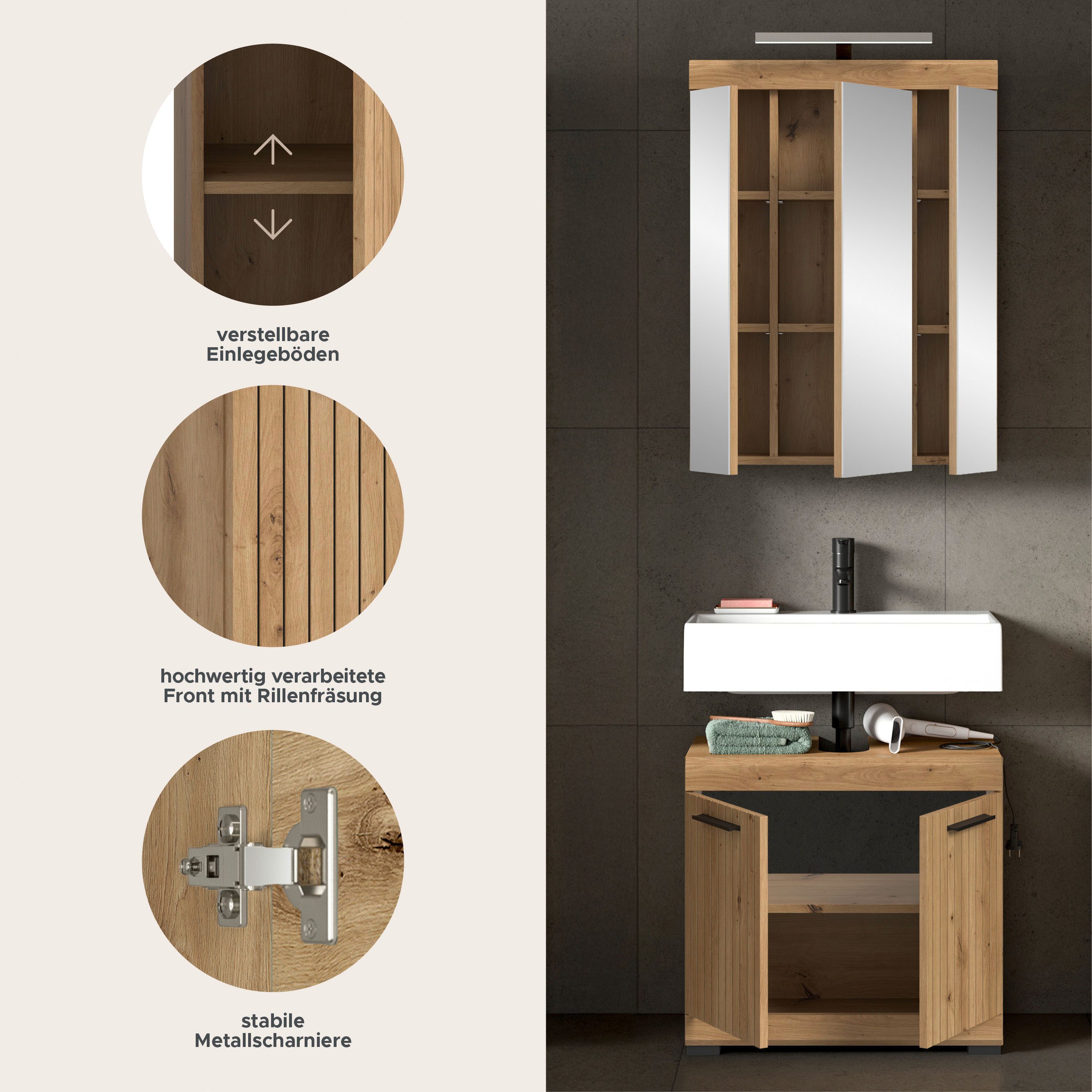 welltime Badmöbel-Set SIENA, 2 teilig, inklusive LED Beleuchtung, bestehend aus:, (Set, 2-St., TOPSELLER), Waschbeckenunterschrank, Spiegelschrank, LED Badaufsatzleuchte