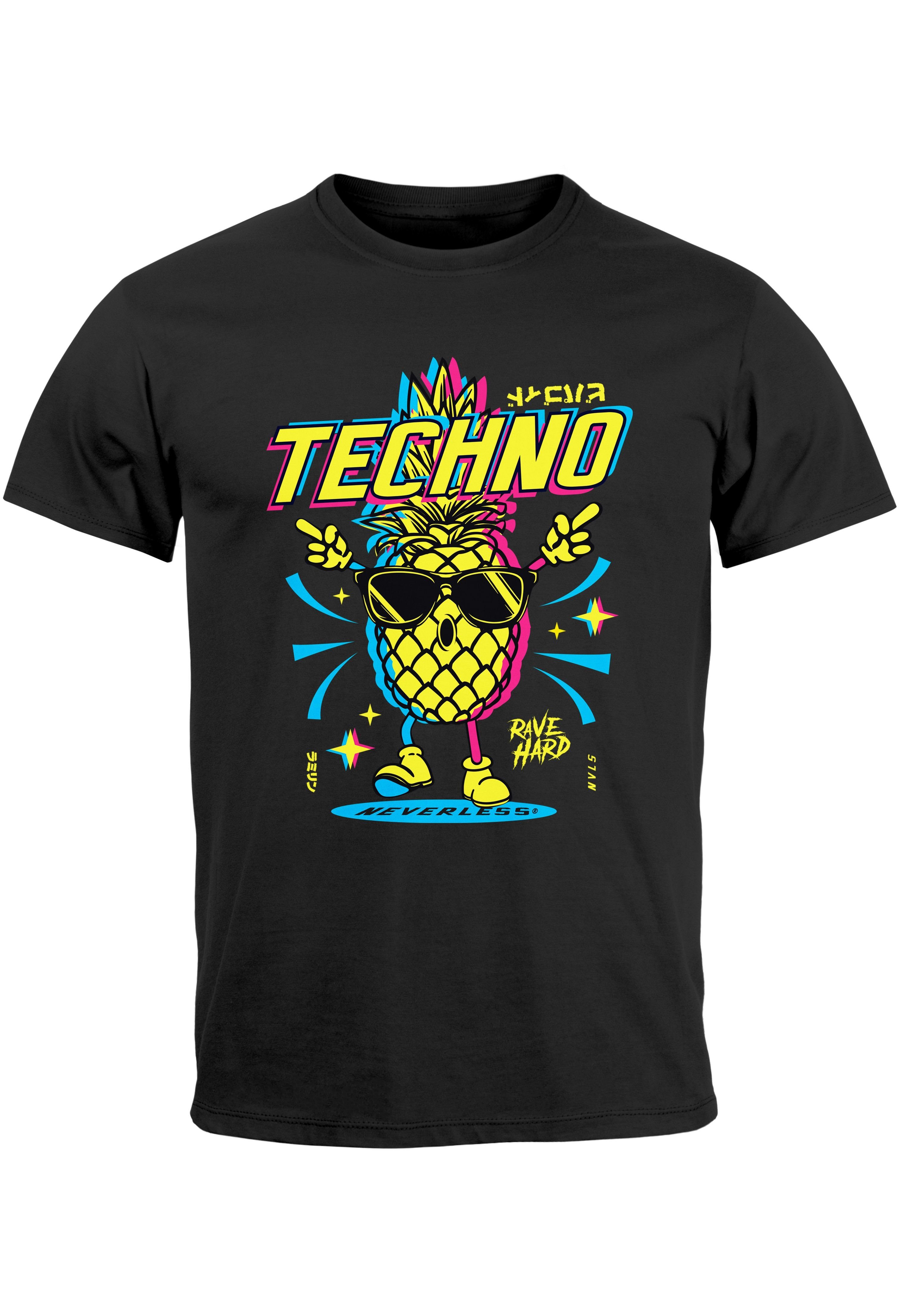 mit T-Shirt Printshirt Tanzen Herren Neverless Party Print schwarz Rave Techno Ananas Shirt Print-Shirt Lustig