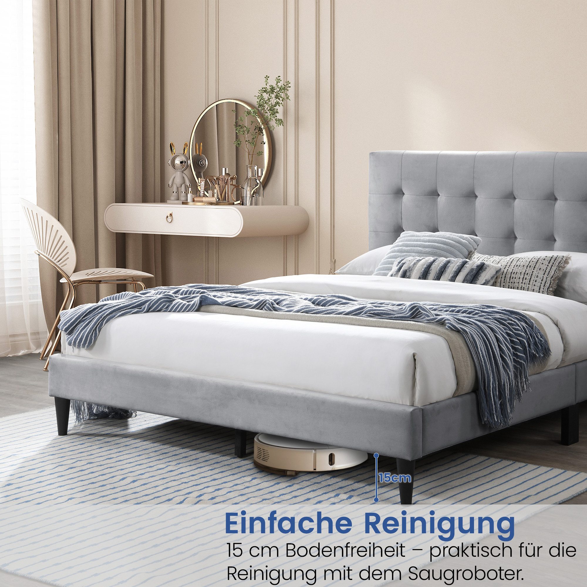 Home Collective Polsterbett 140x200 160x200 & 180x200 cm mit Lattenrost und weichem Bezug (Bettgestell Doppelbett mit gepolstertem Kopfteil, robustes Gestell, hoher Liegekomfort), Kassettensteppung, 140x200 cm, Grau