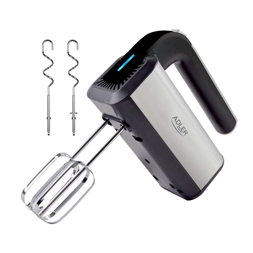 ADLER EUROPE Handmixer AD 4225 eleganter Edelstahl-Mixer mit Knethaken und Rührbesen, 800 W, Handrührgerät, Küchenmixer für Teig, Sahne, Eischnee, silber schwarz