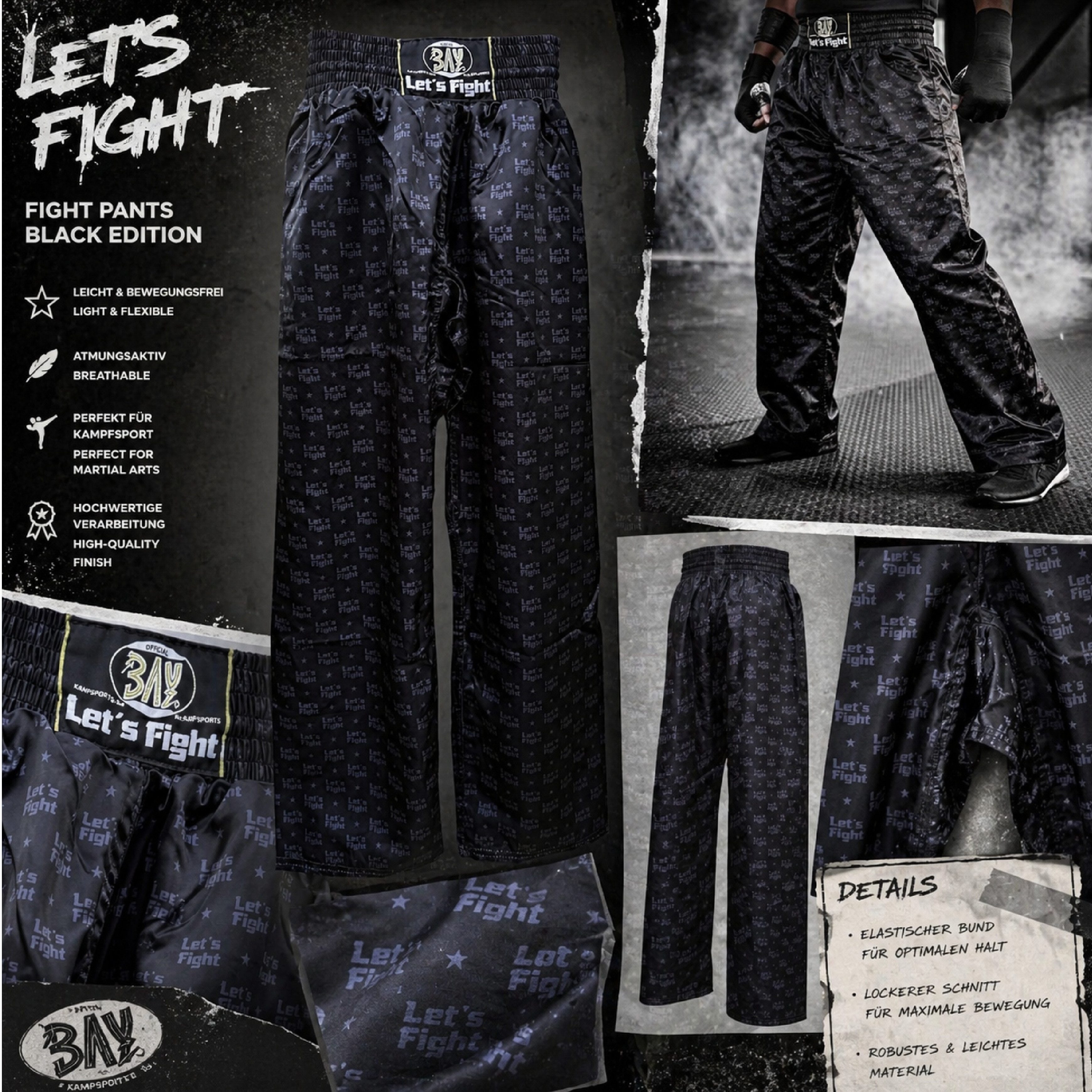 BAY-Sports Sporthose Kickboxhose ALL OVER LET´S FIGHT Hose lang Kickboxen Kampfsport sportlich-edles Design, All Over Let´s Fight Logo-Print