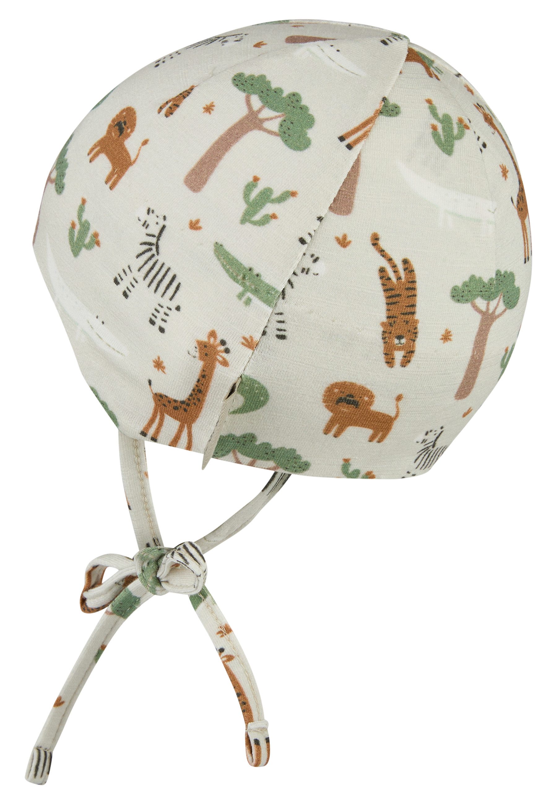 Sterntaler® Beanie Beanie Safaritiere (1-St) Beanie aus Flammgarn Jersey mit Safaritieren, Ohrenklappen & Bindeband