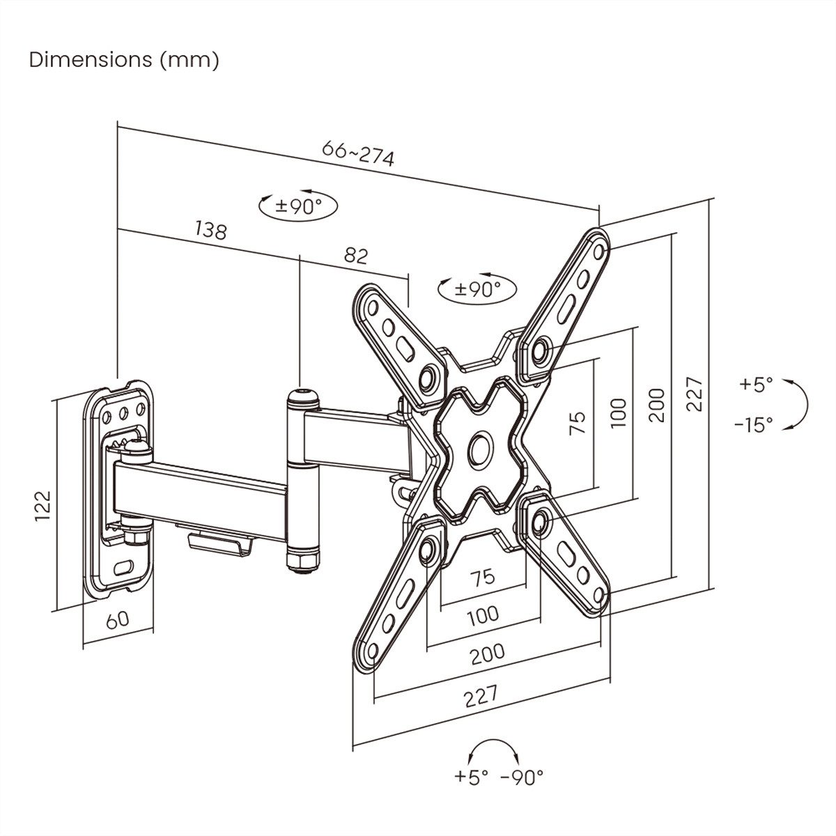VALUE Monitor-Halterung TV-Wandhalterung, 3 Drehpunkte, (bis 43 Zoll, 13-43 Zoll, bis 20 kg)