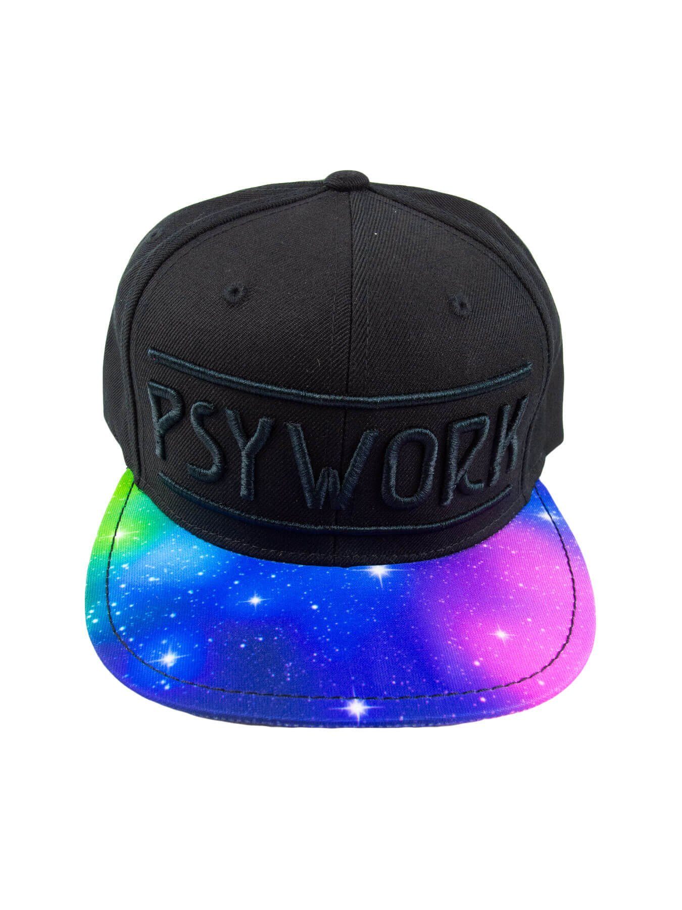 PSYWORK Snapback Cap Schwarzlicht Black Cap Neon "Psychedelic Universe", Schwarz UV-aktiv, leuchtet unter Schwarzlicht