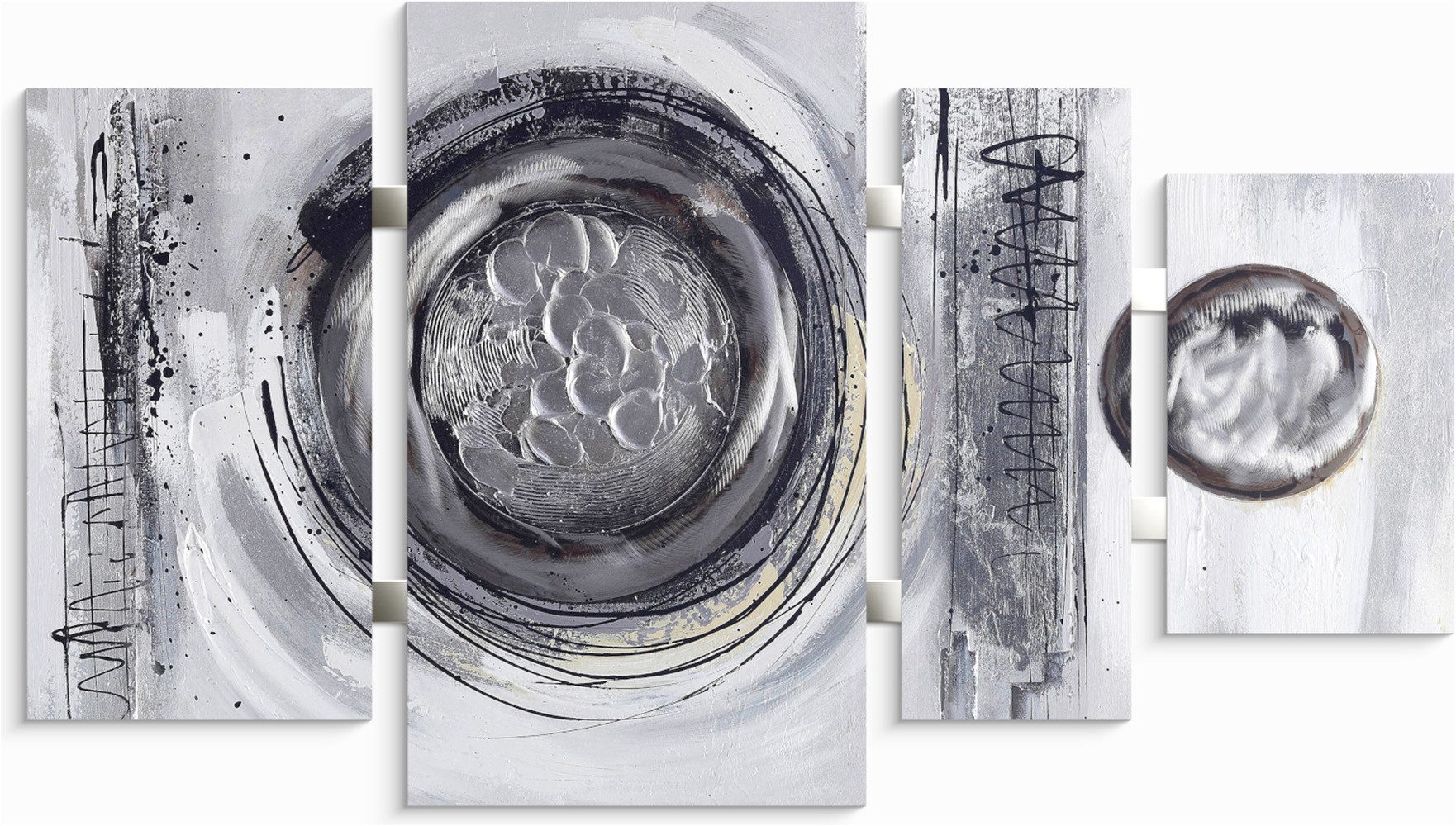 Bönninghoff Ölgemälde handarbeit 4-teilig KREISE GRAU 70x124 cm – Wandbild Deko, Abstrakt, Abstrakte, Formen, Gemälde, Kunst (1 St), handgefertigt, jedes Bild ein Unikat