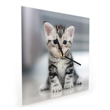 Primedeco Wanduhr Glasuhr Wanduhr Wandkunst Größe 30 x 30 cm mit Motiv Kleines Katzenbaby