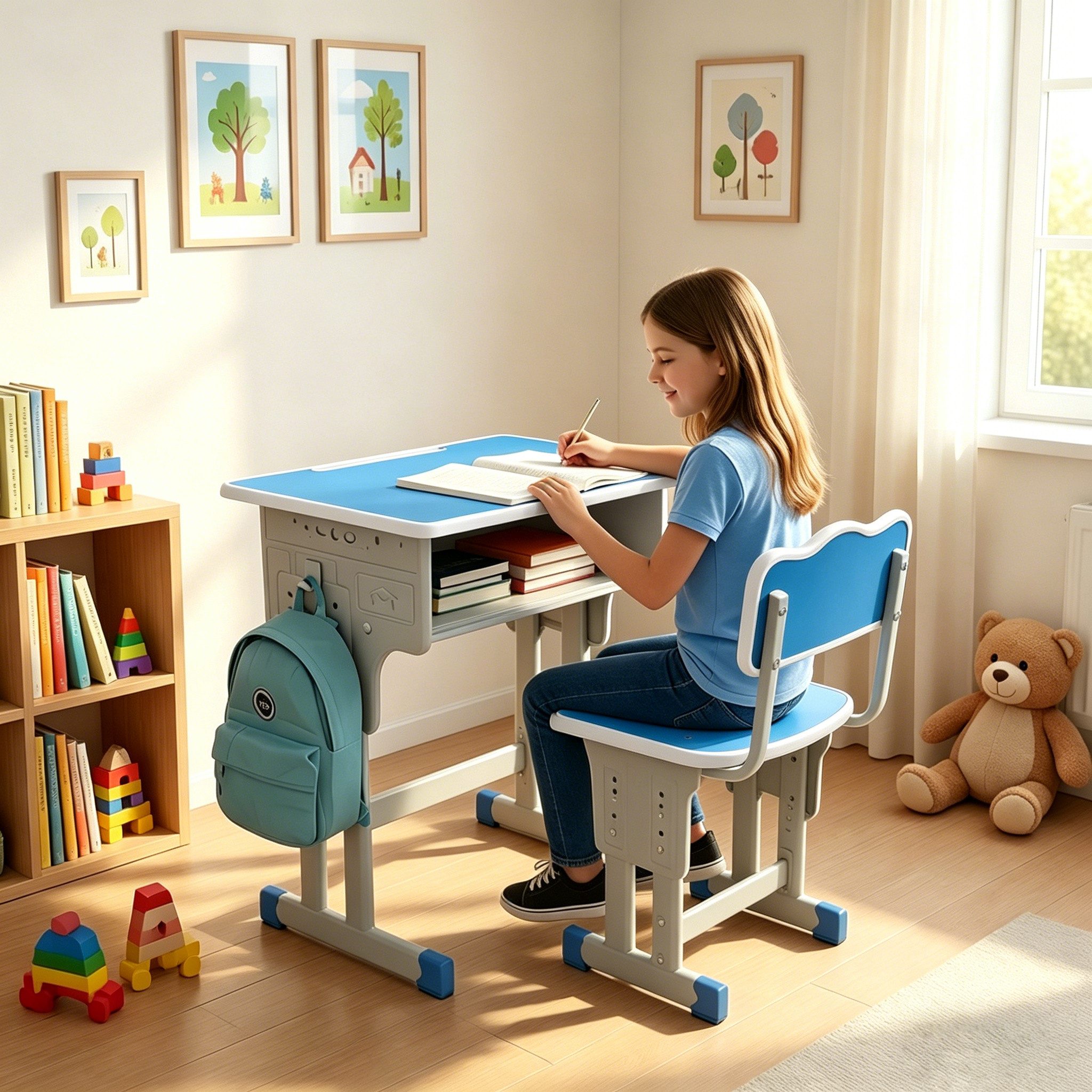 BBG Kinderschreibtisch Höhenverstellbares Kinder Schreibtisch Set mit Stuhl (Ergonomischer Lerntisch 60x40 cm, 4-Stufen Höhenverstellung, Ein Tisch, ein Stuhl), – Bild 2 von 5