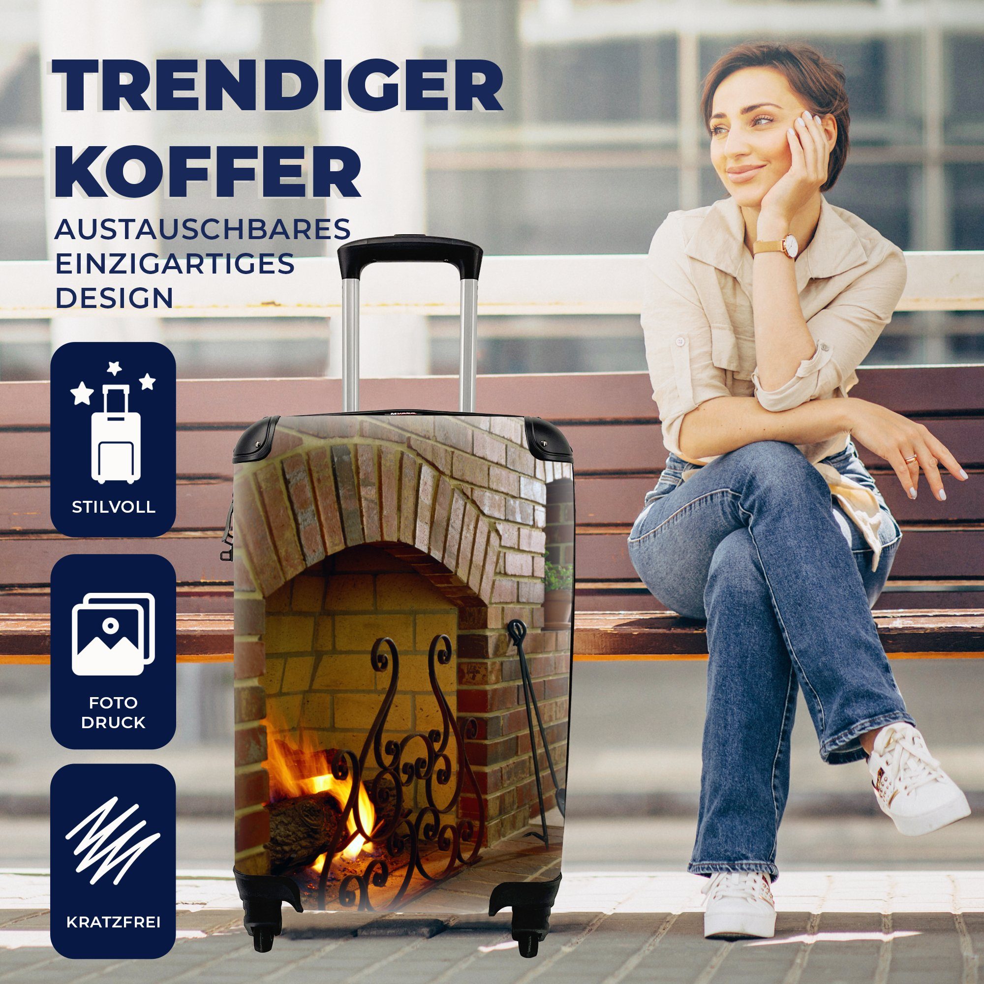 MuchoWow Handgepäckkoffer Feuer im Kamin, 4 Reisetasche Reisekoffer Trolley, für mit Ferien, Rollen, rollen, Handgepäck