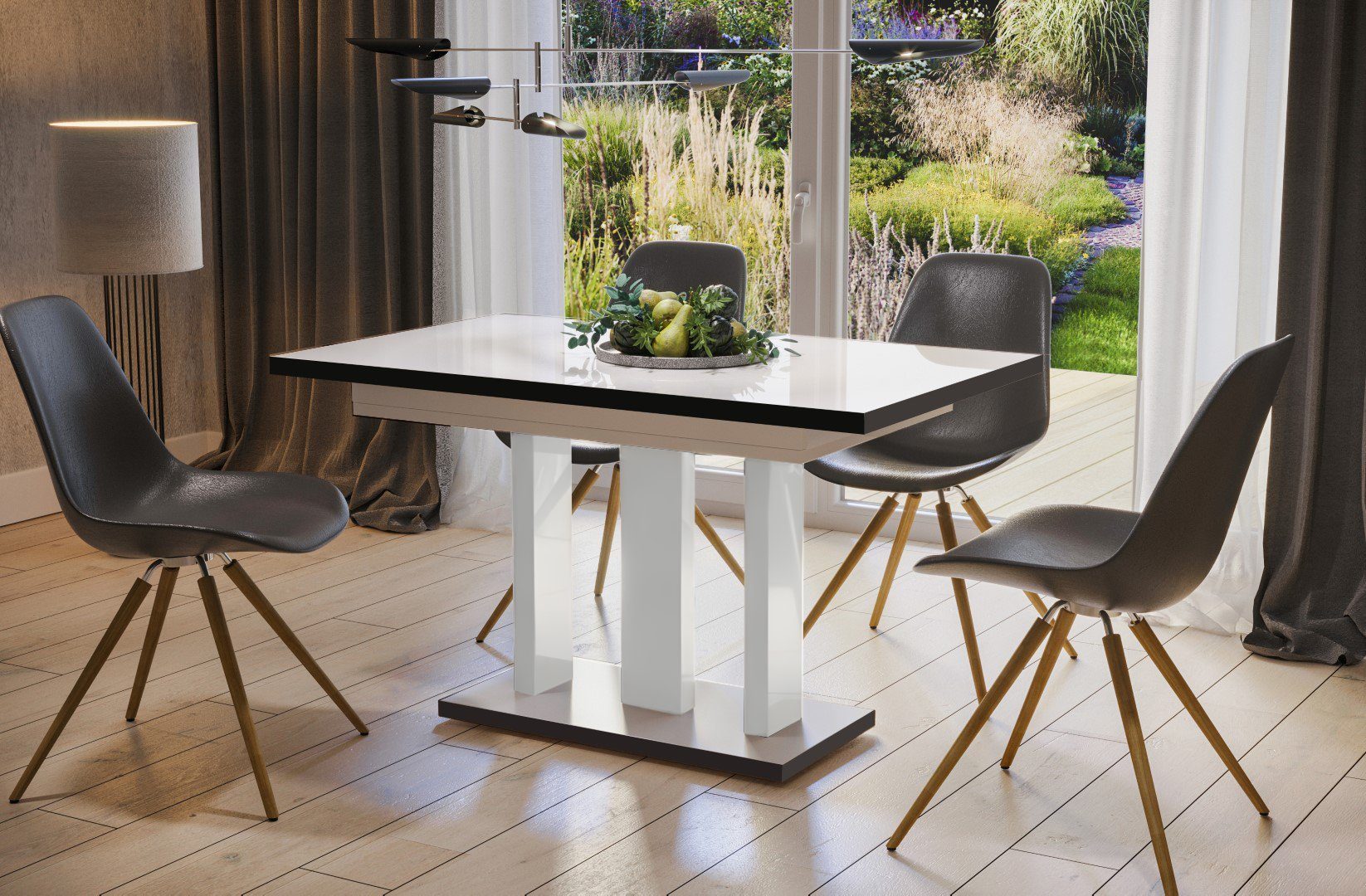Endo-Moebel Säulen-Esstisch "Appia White Special" 130-210cm ausziehbar erweiterbar, Weiss Hochglanz Beine, Küchentisch, modern