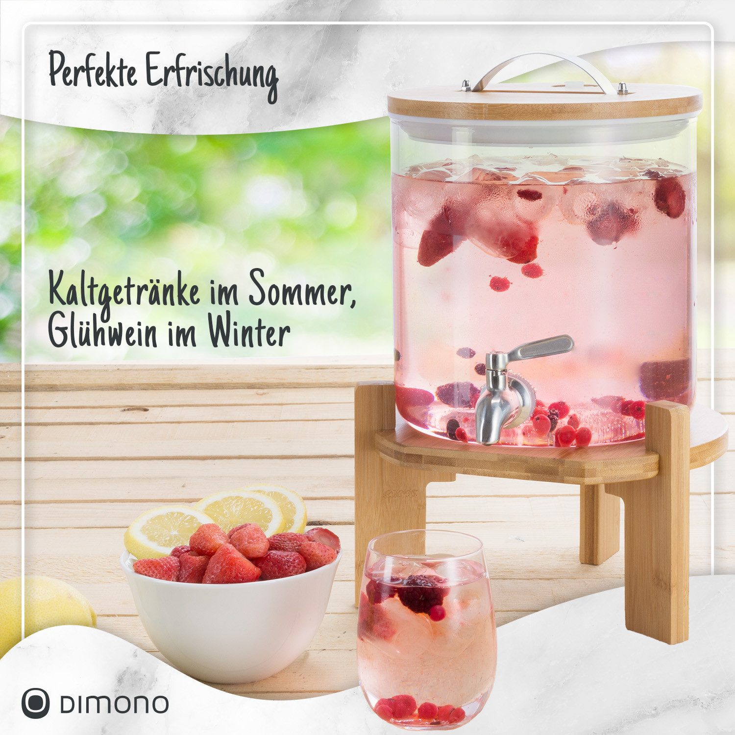 Dimono Getränkespender DIMONO Getränkespender Glas mit Bambusständer & Zapfhahn 5L/8L, mit Bambusständer und Zapfhahn