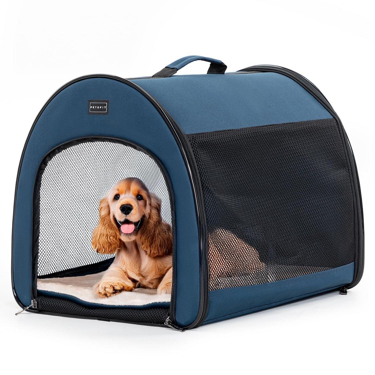 LuxusKollektion Hunde-Transportbox Hundebox faltbar atmungsaktiv Plüschkissen Reißverschluss Blau M