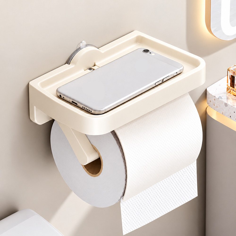 JASLIFE Toilettenpapierhalter ohne Bohren mit Ablage, Saugnapf, Deckel & Handyablage für Bad und WC, Links oder rechts montierbar, erhöhter Rand, platzsparendes Design