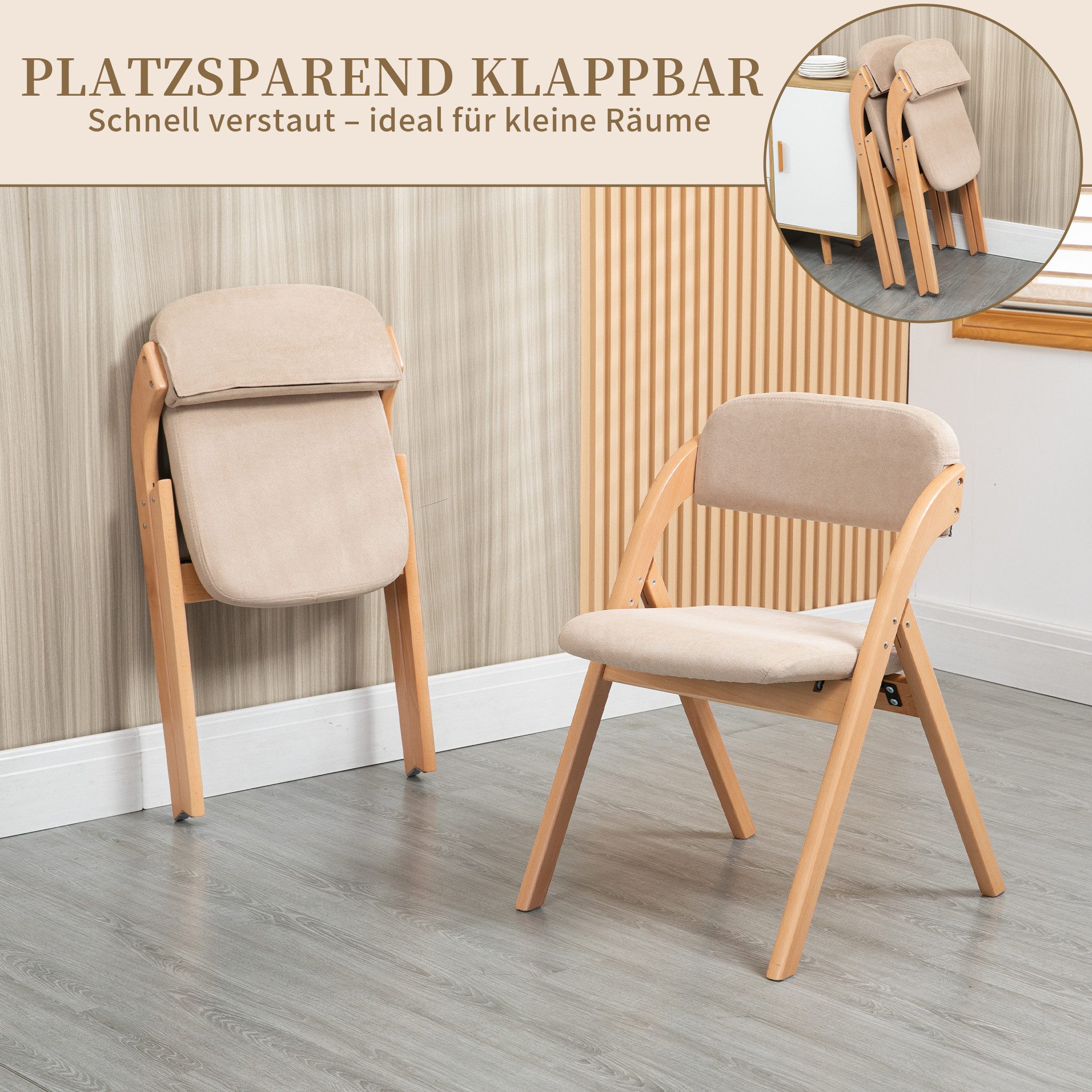 SeedWave Esszimmerstuhl Klappstuhl 2er Set Holzgestell Küchenstuhl mit Abnehmbarem Leinenbezug, Rutschfeste Füße mit Filzpads