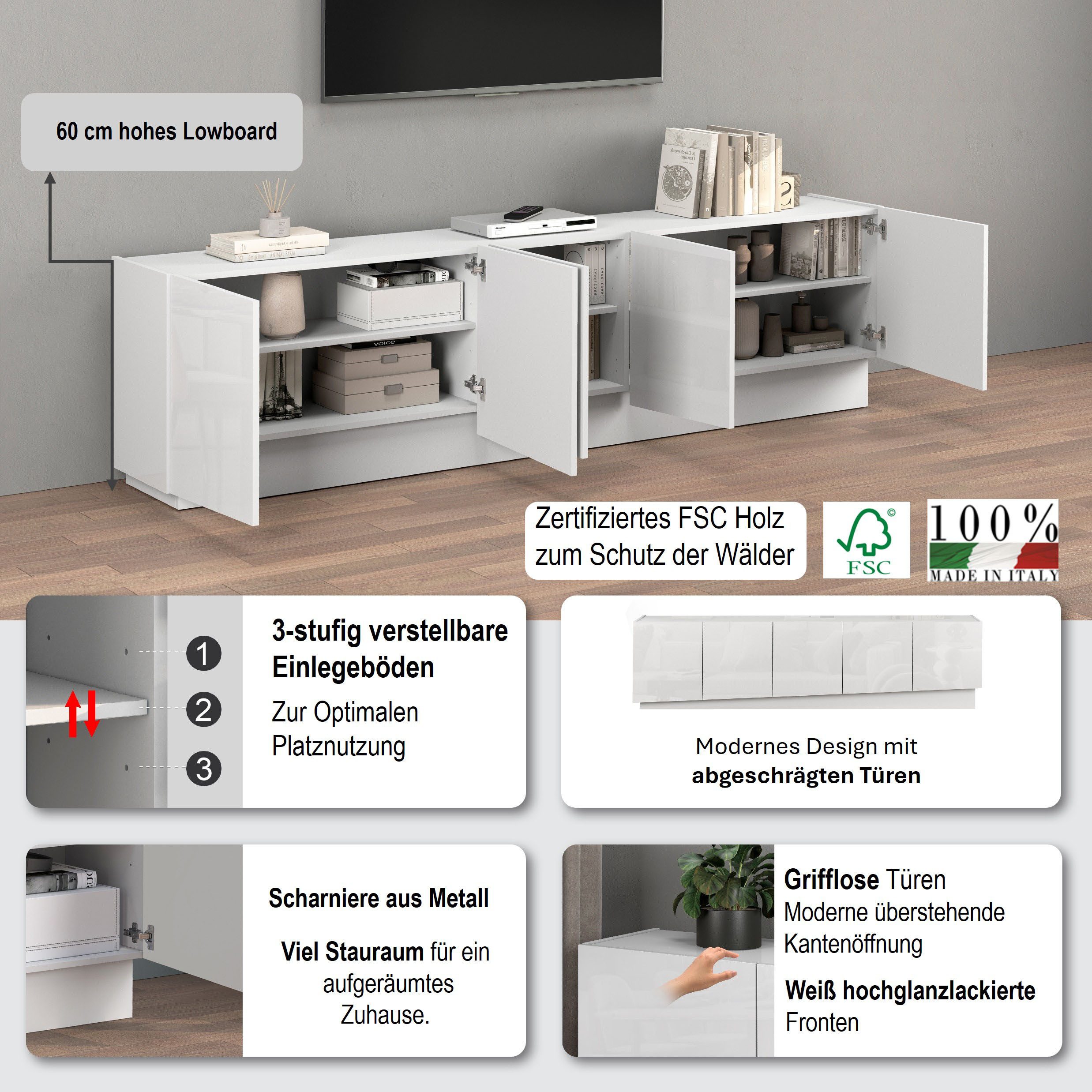 OTTO home Lowboard VELA, Höhe 60 cm, Breite 225 cm,Design mit schrägen Türen (1 St), Made in Italy, Hochglanz lackierte Fronten, TV-Board, TV-Kommode