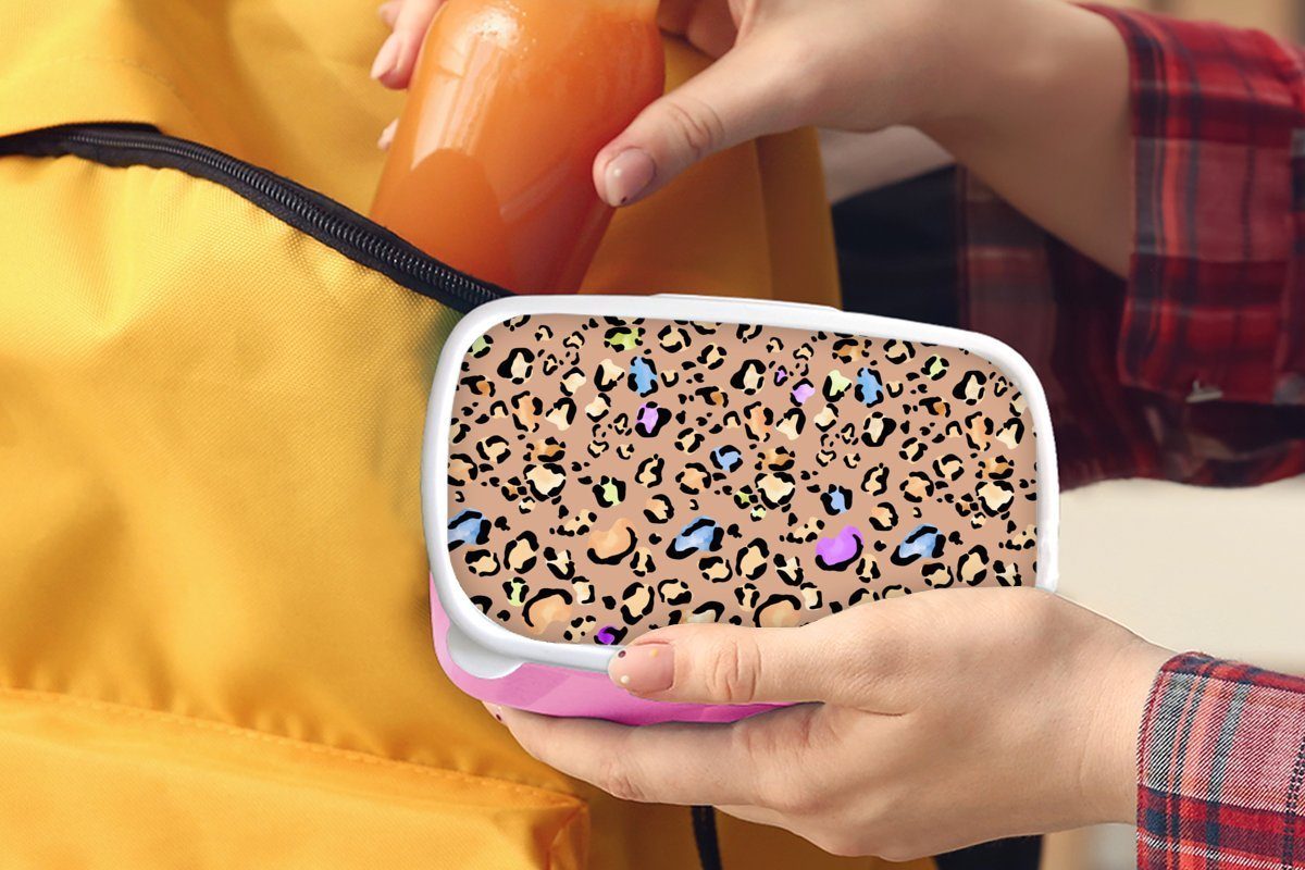 MuchoWow Lunchbox Mädchen, Kinder, Kunststoff, Brotdose rosa Pantherdruck - (2-tlg), Regenbogen für - Muster, Brotbox Kunststoff Snackbox, Erwachsene