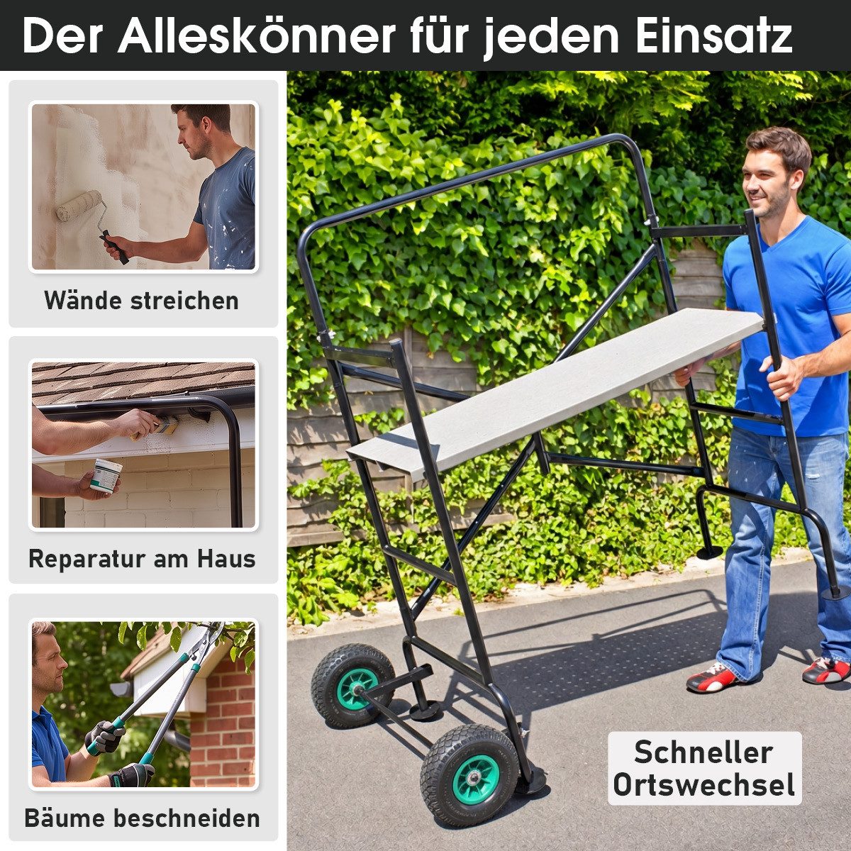 BRAST Arbeitsgerüst Mobil Rollgerüst Arbeitsbühne auf Rädern, 150kg Tragkraft, 2 Plattformen, 56/81cm Höhe, 4 Stabilisierungsfüße, Luftreifen – Bild 3 von 5