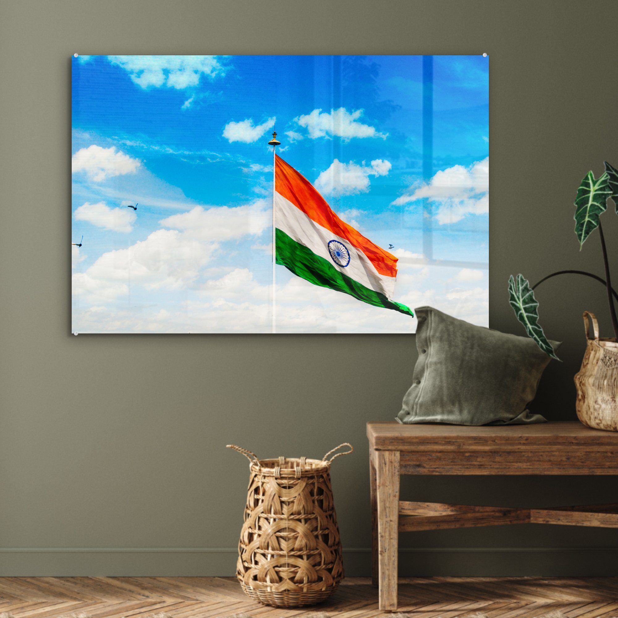 MuchoWow blauem Flagge Acrylglasbilder Acrylglasbild (1 Indische Himmel, Schlafzimmer Wohnzimmer St), vor &