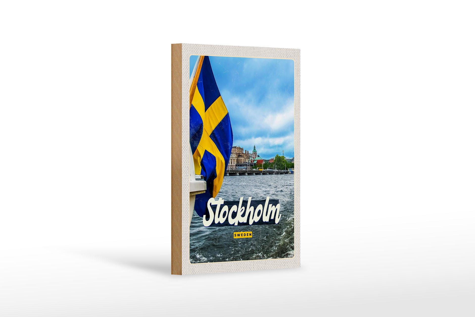 Holzbild Reise 12x18 cm Stockholm Schweden Bootstur Meer