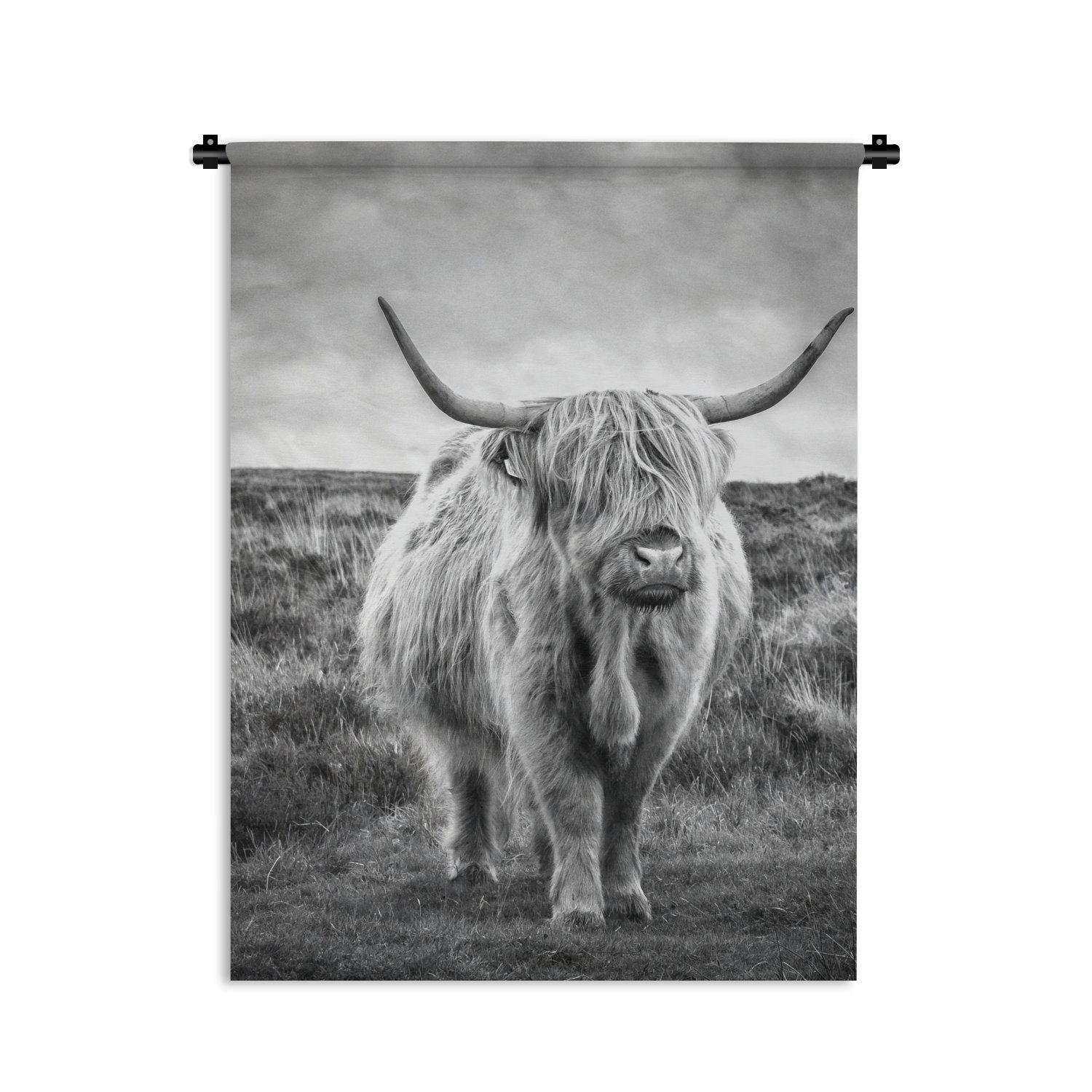 MuchoWow Wanddekoobjekt Schottischer Hochländer - Tiere - Wolken - Kuh - Natur, Deko für an der Wand, Wohnzimmer, Tapisserie, Schlafzimmer