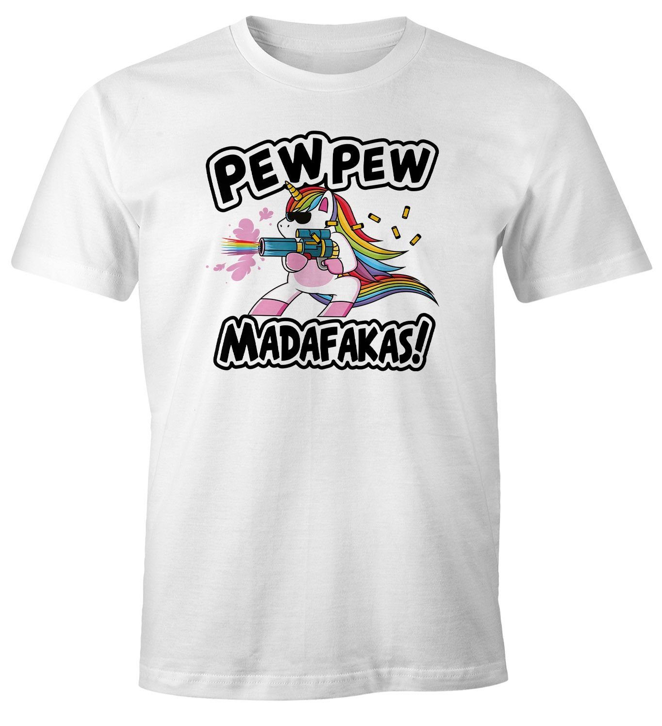 MoonWorks Print-Shirt Herren T-Shirt Pew Pew Madafakas böses Einhorn Regenbogen Unicorn Fun-Shirt Spruch lustig Moonworks® mit Print weiß