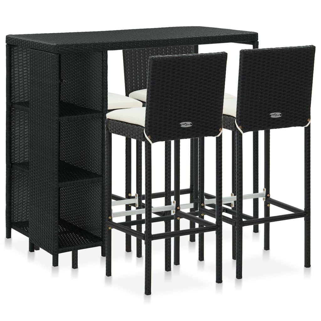 vidaXL Gartenlounge-Set 5-tlg. Gartenbar-Set mit Kissen Poly Rattan Schwarz, (1-tlg)
