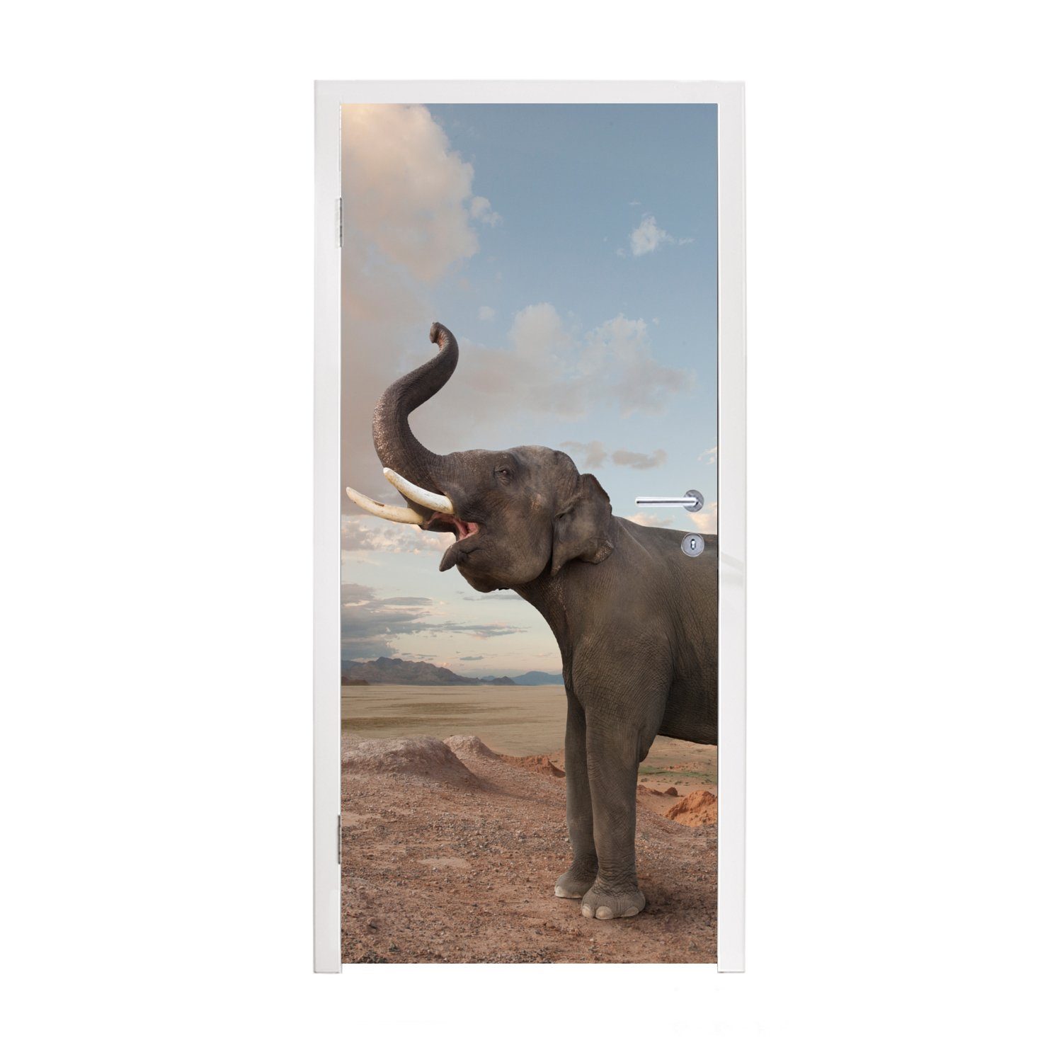 MuchoWow Türtapete Trompetender Elefant in der Wüste, Matt, bedruckt, (1 St), Fototapete für Tür, Türaufkleber, 75x205 cm