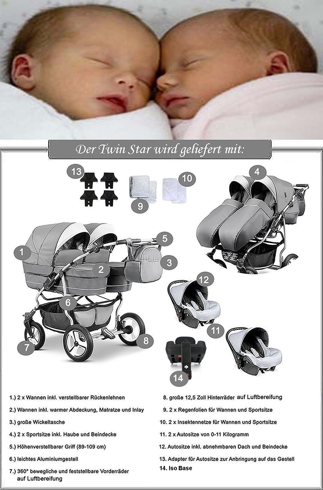 BabyMerc Zwillingswagen Twin Star 5 in 1 inkl. Sportsitze, Autositze und Isos in 16 Farben