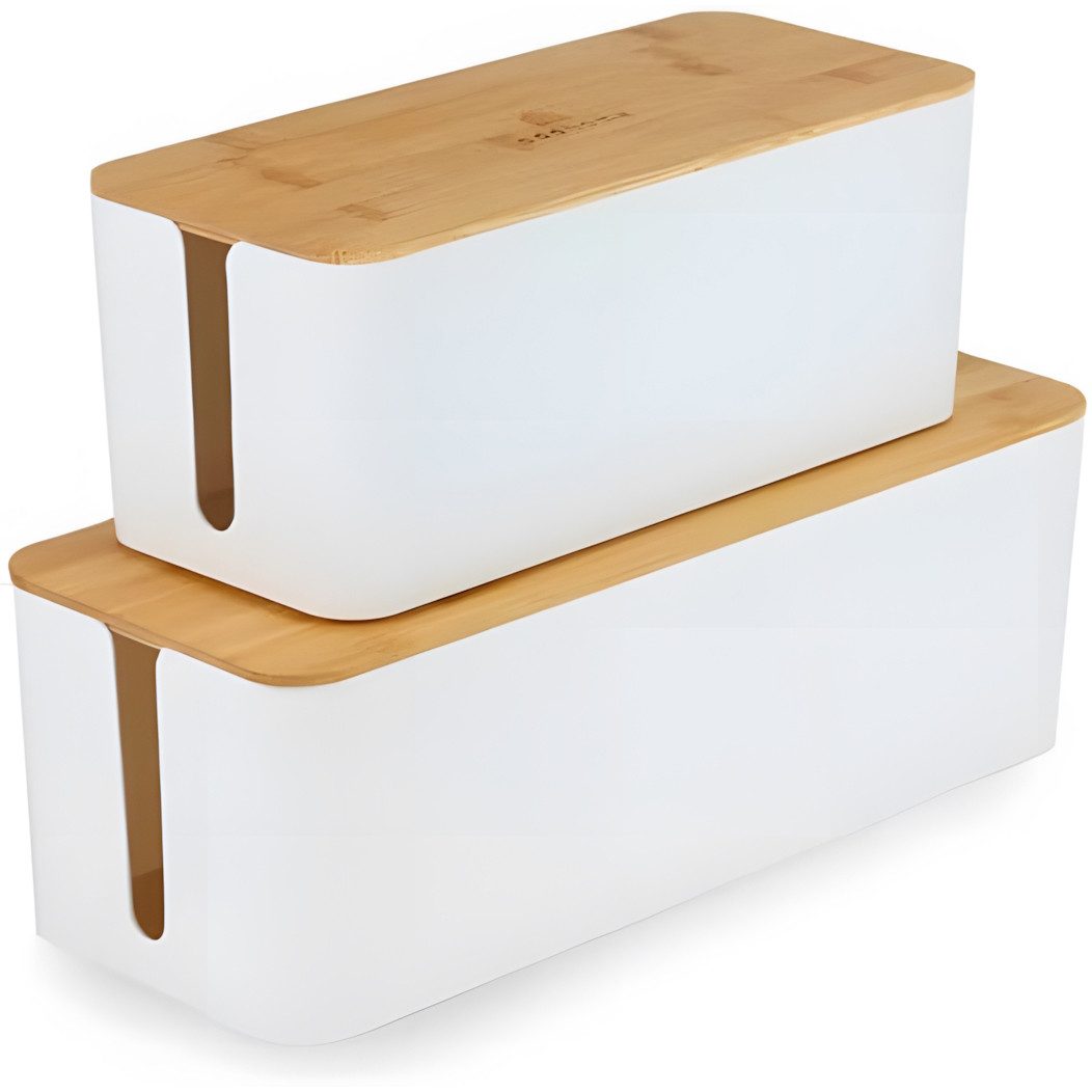 addhome Kabelbox 2er Kabelbox Set Weiß & Bambus Boxen in 40,5x15,5cm & 32x13,5cm inkl., Kabelmanagement Set inkl. Bambusdeckel, Klettbinder & Gummifüße