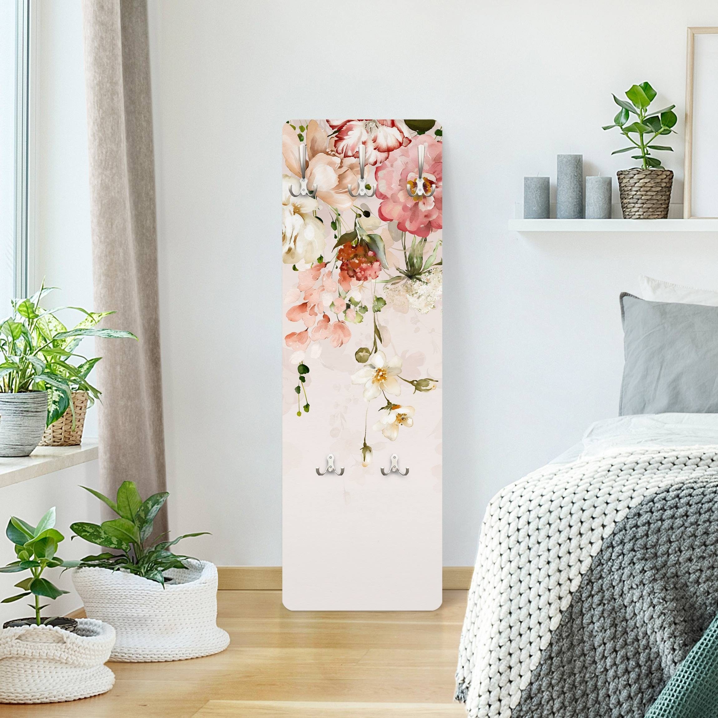 Bilderdepot24 Garderobenpaneel pastell Aquarell Blumen Floral Kunst Rankende Blumen Aquarell Vintage (ausgefallenes Flur Wandpaneel mit Garderobenhaken Kleiderhaken hängend), moderne Wandgarderobe - Flurgarderobe im schmalen Hakenpaneel Design