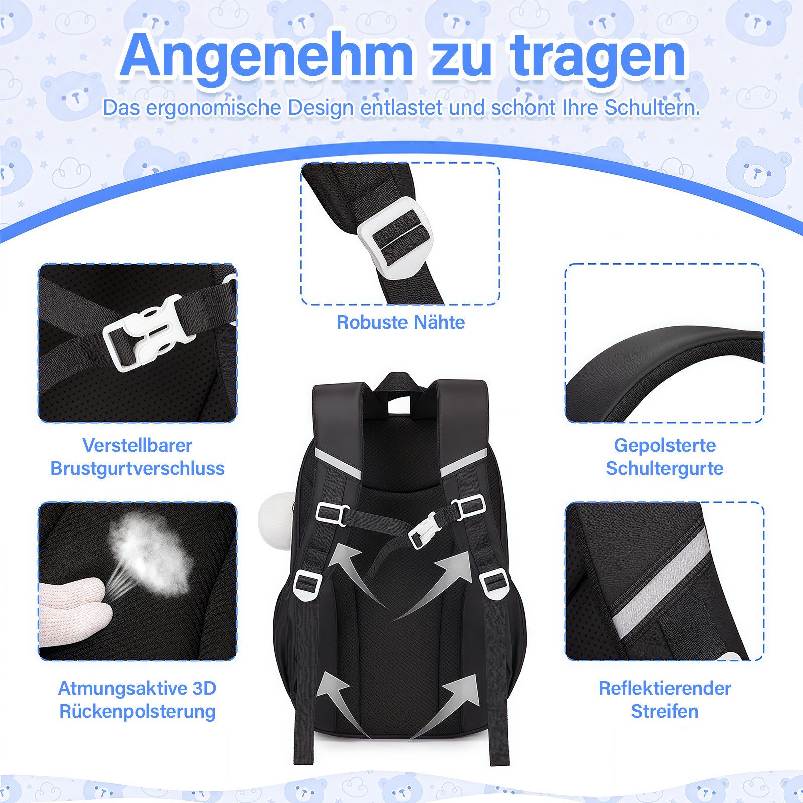 MOPUEA Schulrucksack Rucksack Schulrucksack Wasserabweisend Gepolstert Bequem
