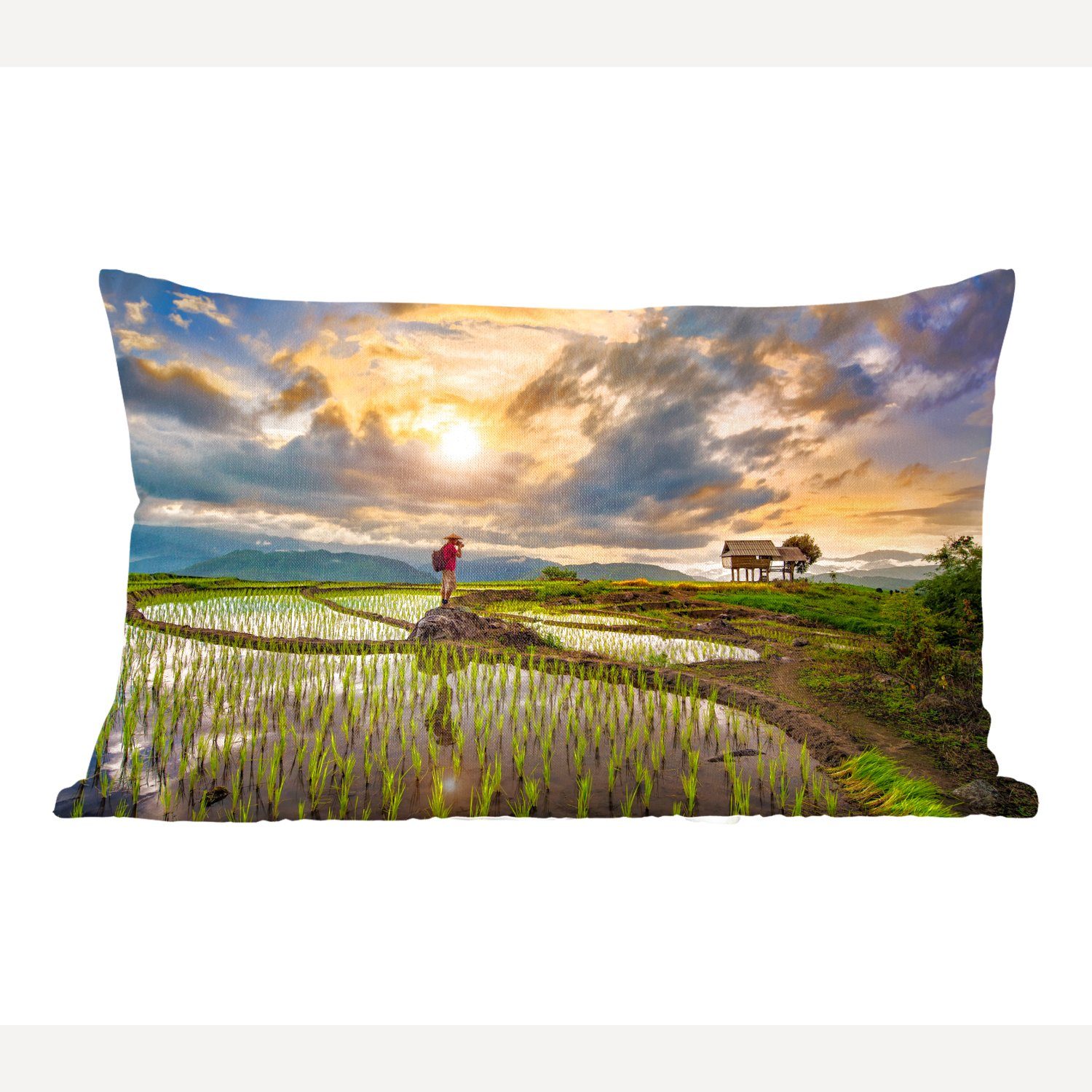 MuchoWow Dekokissen Die wunderschönen Reisfelder Thailands unter einem farbenprächtigen, Wohzimmer Dekoration, Zierkissen, Dekokissen mit Füllung, Schlafzimmer