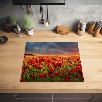 MuchoWow Herdblende-/Abdeckplatte Sonnenuntergang - Mohnblumen - Rot - Blumen - Feld - Natur, Vinyl, (1 tlg), 57x51 cm, Induktionsschutz, Induktionskochfeld, Ceranfeldabdeckung