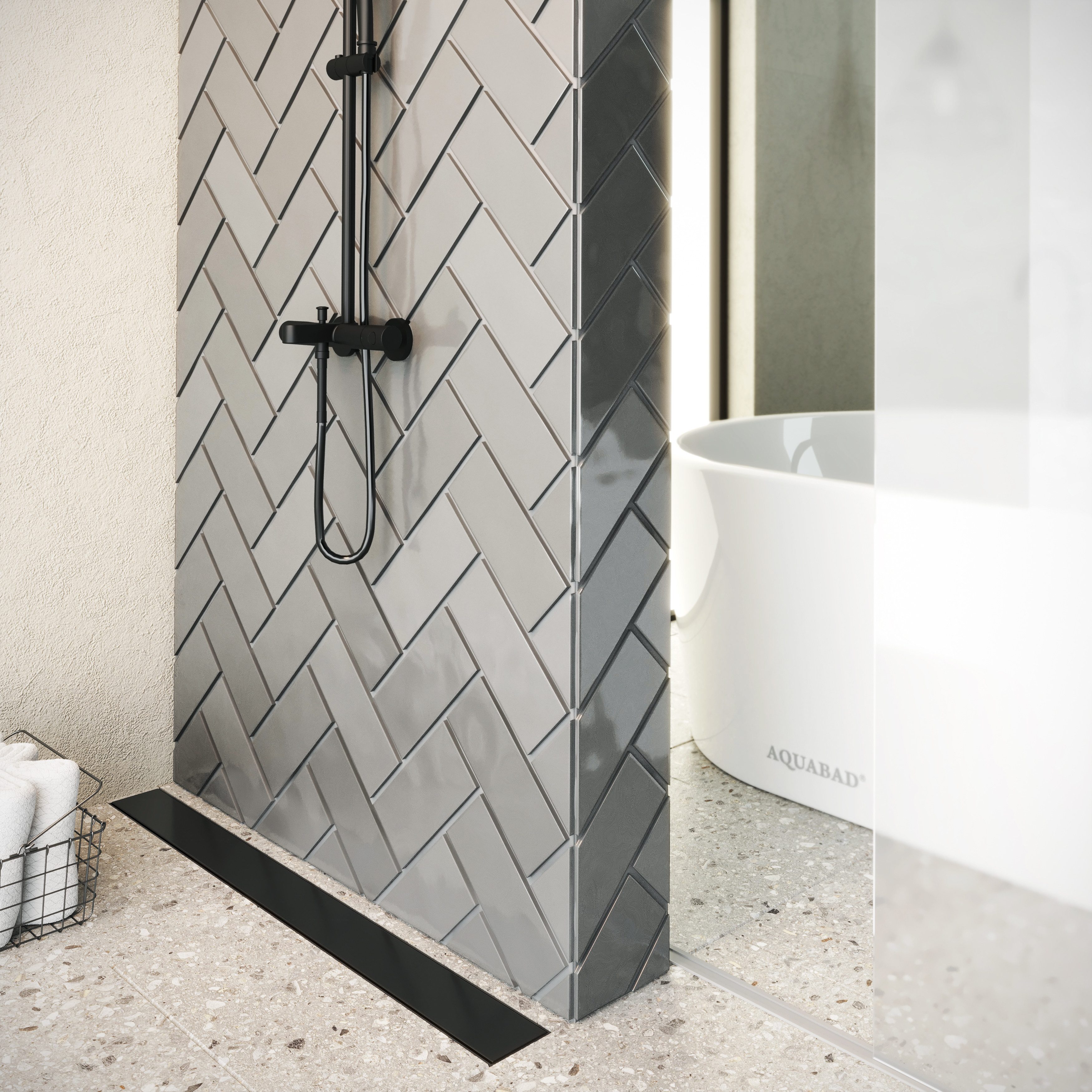 Aquabad® Duschrinne SDS Schwarzmatt Edelstahl Duschablauf, Haarsieb, Viega-Siphon, Komplett-Set, Blende: Bord
